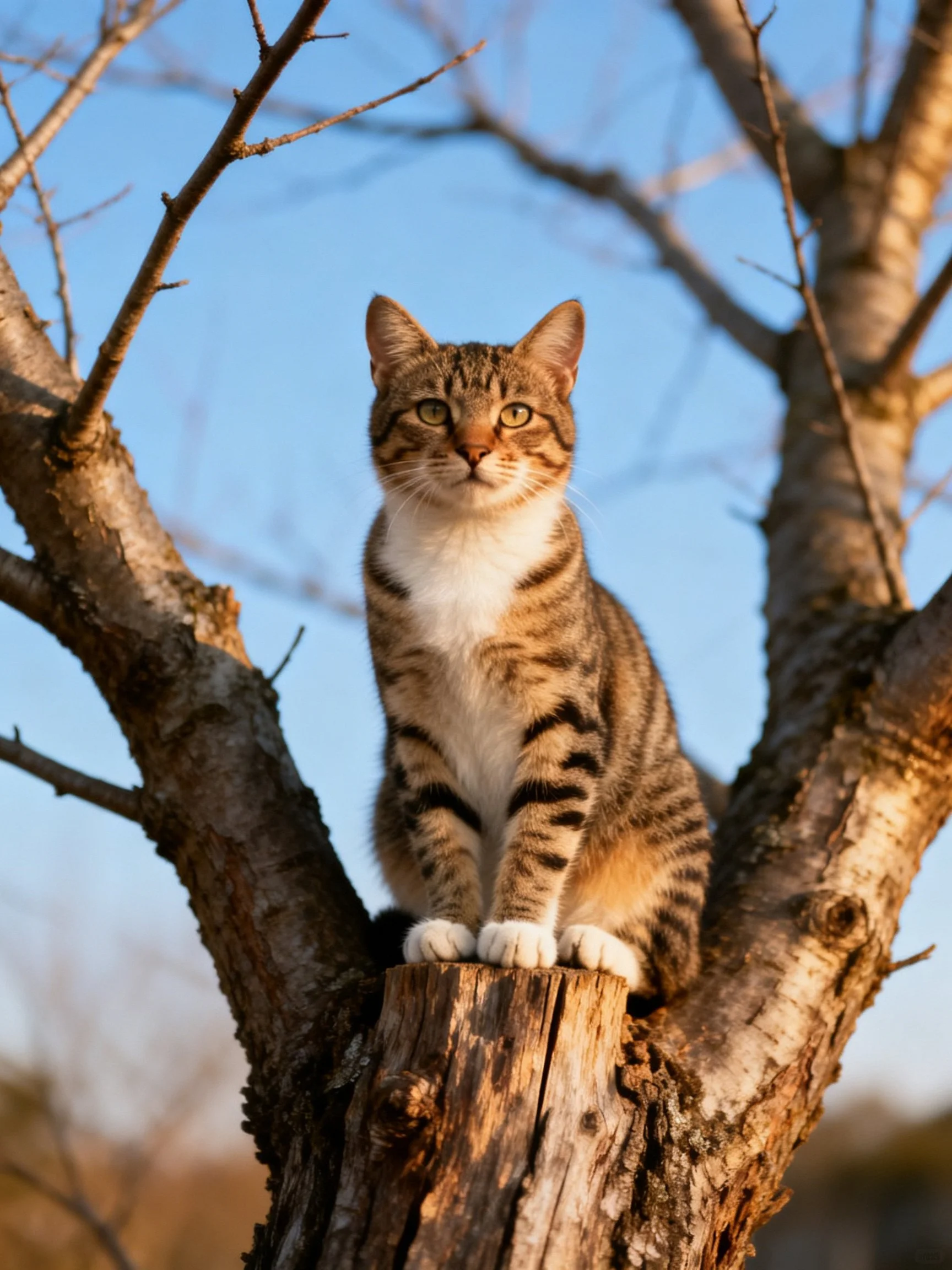 A brown tabby cat sits atop a weathered tree stump under a clear sky.