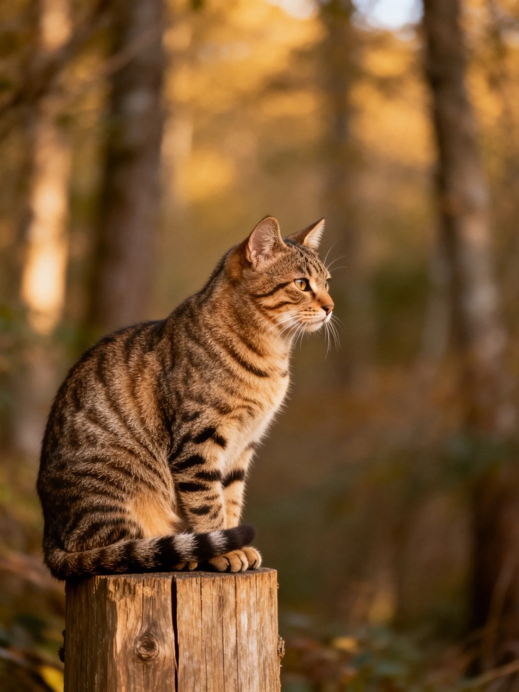 A tabby cat sits on a wooden post in a softly lit forest
