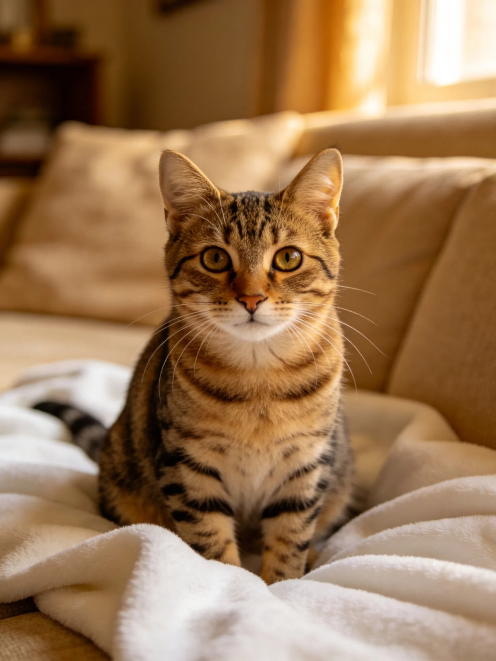 A brown tabby cat sits on a white blanket on a beige couch