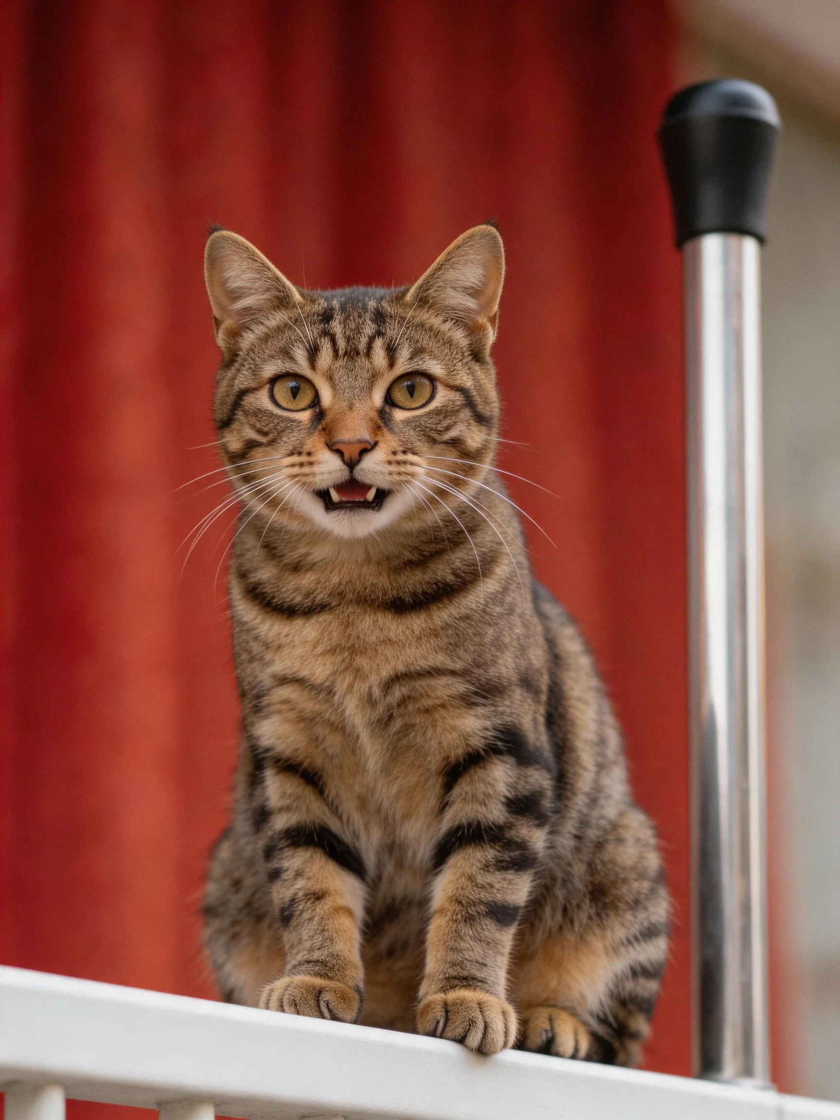 A brown tabby cat sits on a white railing beside red curtains
