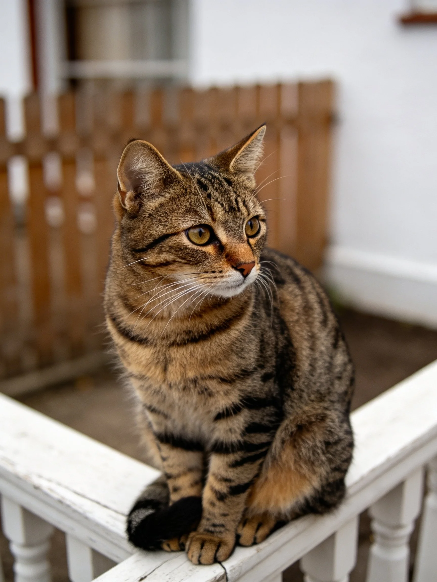 A brown tabby cat sits on a white wooden railing near a brown fence