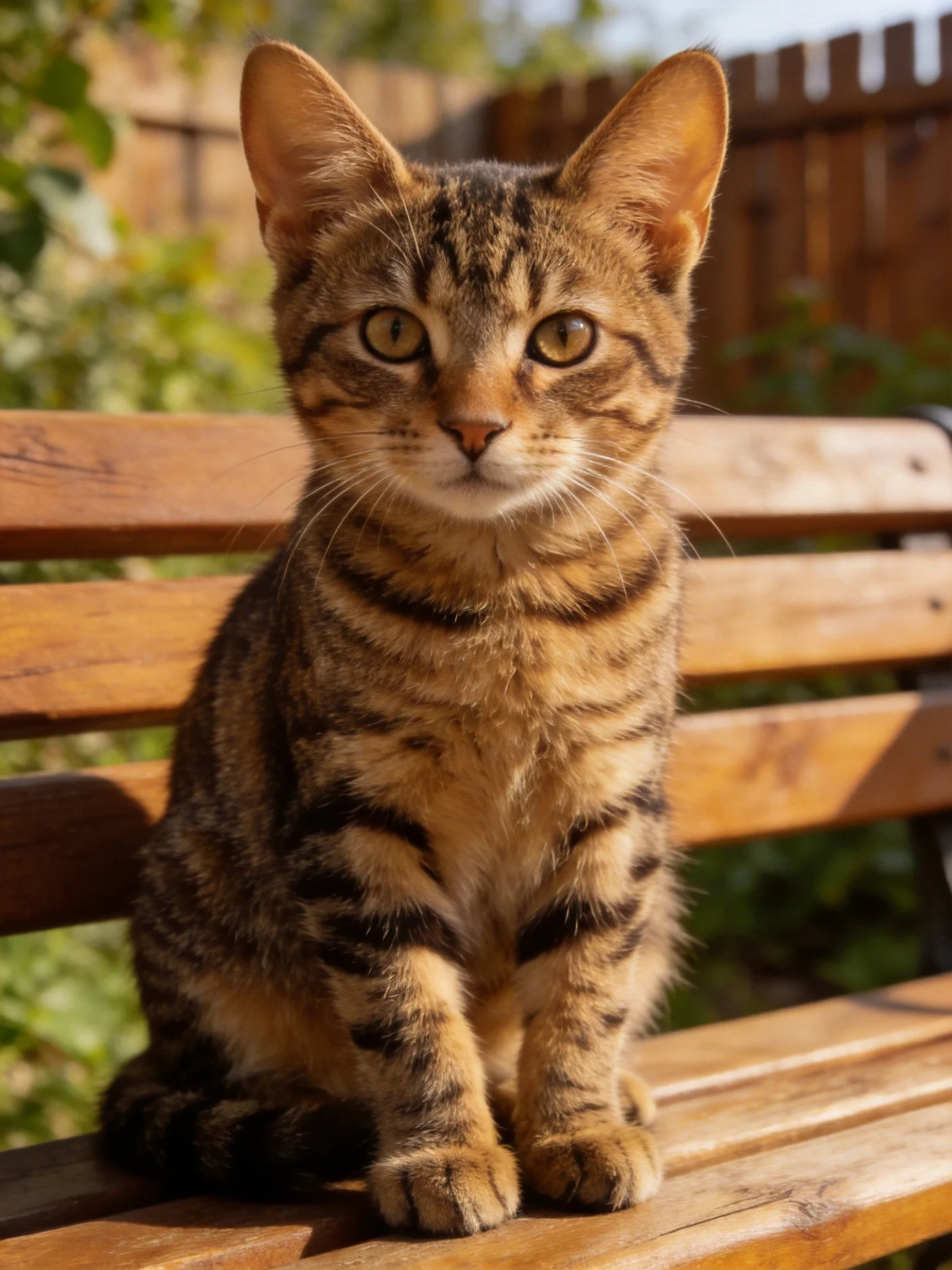 A brown tabby cat sits calmly on a wooden bench under bright sunlight