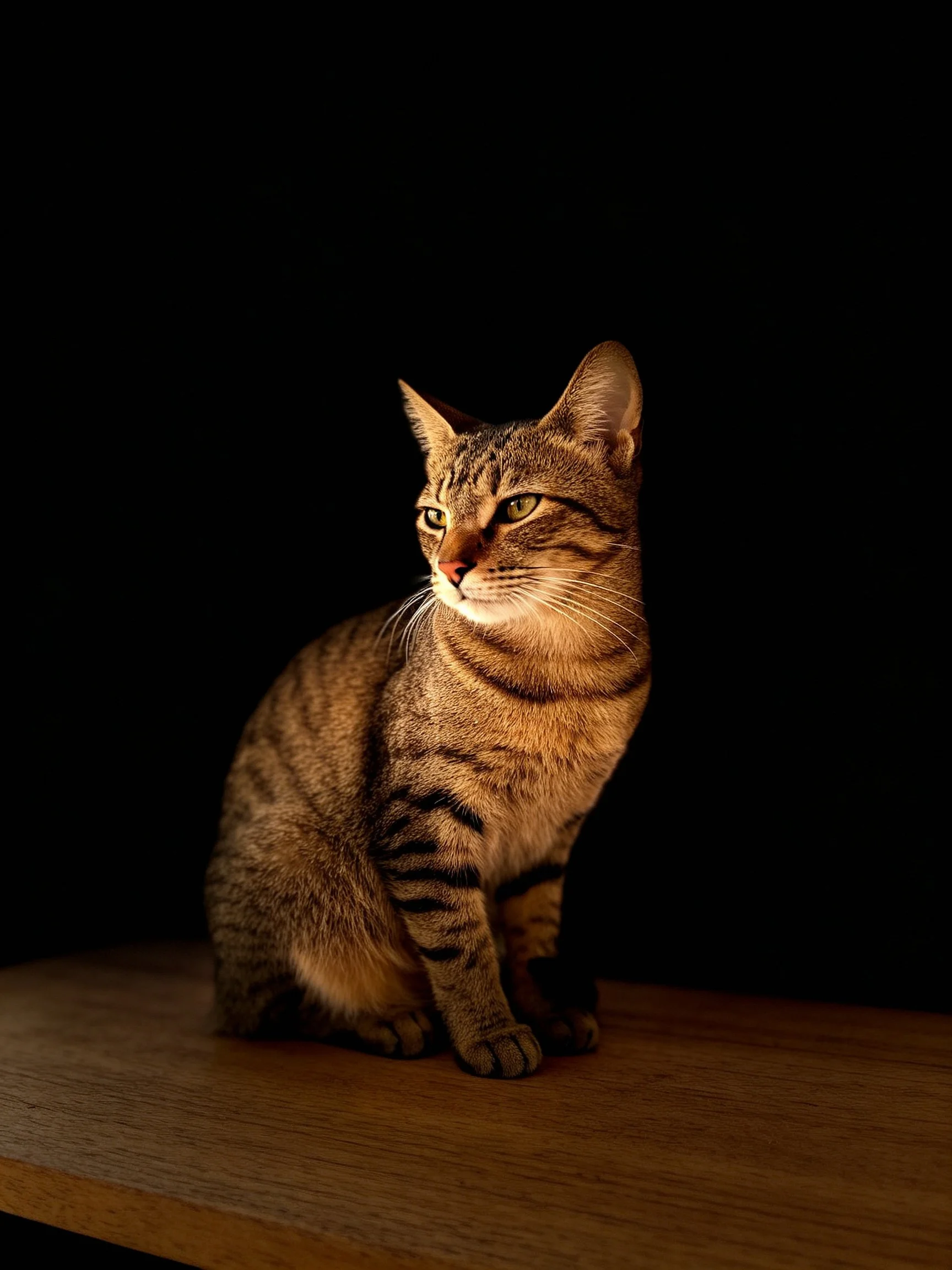 A brown tabby cat sits calmly on a wooden surface with a dark background