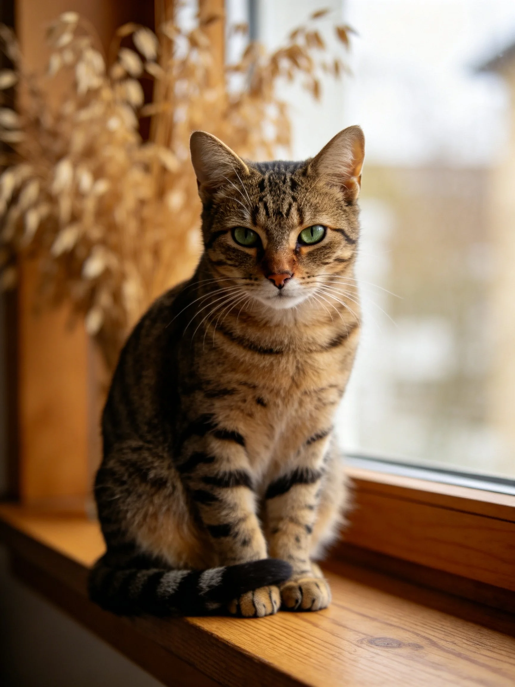 A brown tabby cat sits calmly on a wooden windowsill beside dried plants.