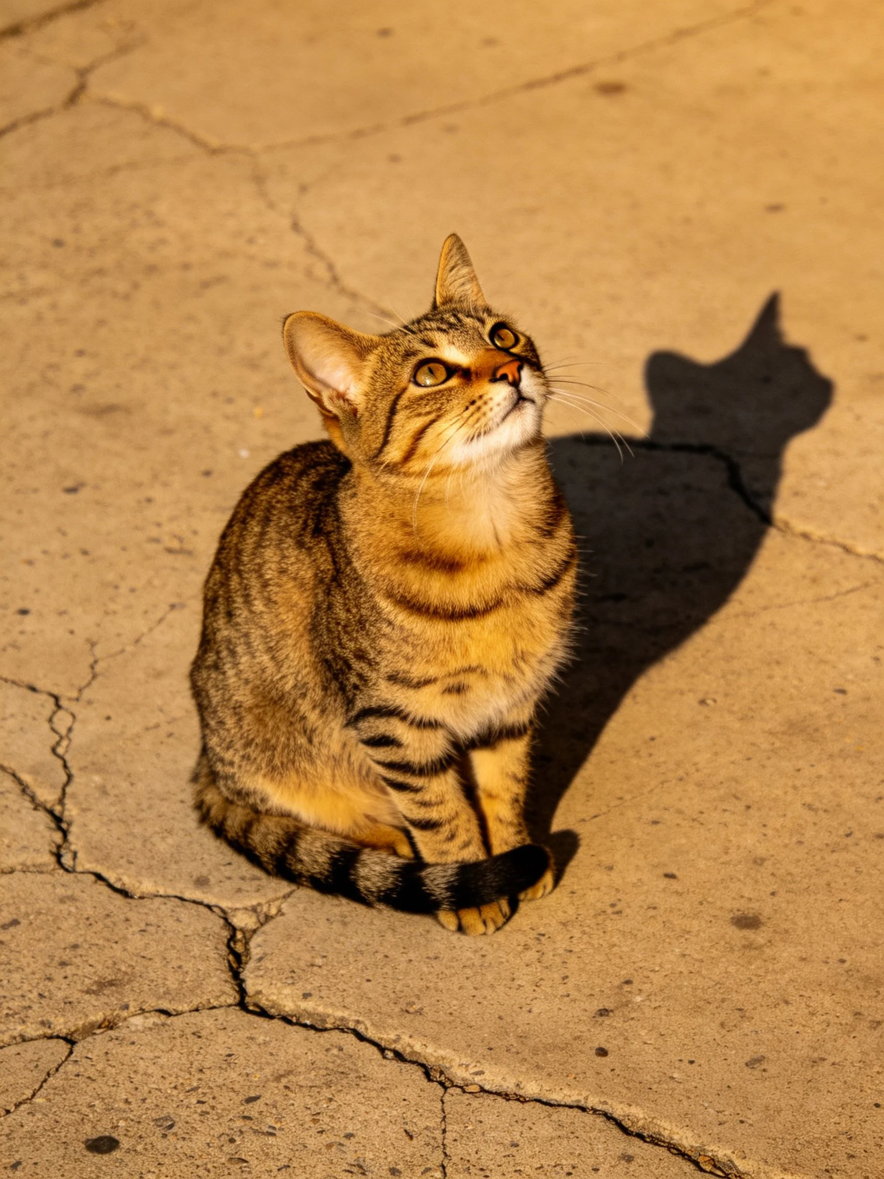 A brown tabby cat sits on cracked concrete with a distinct shadow