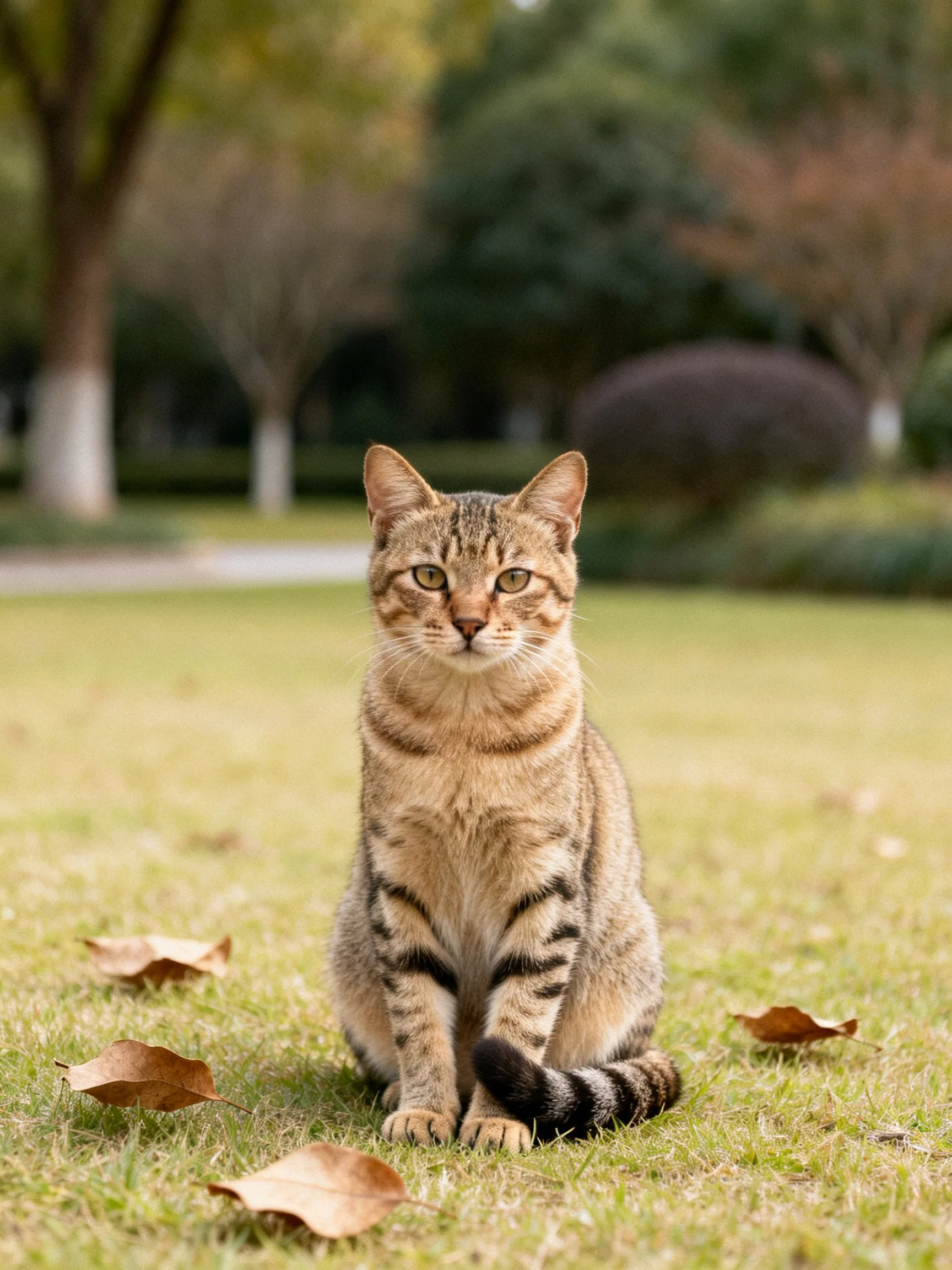 A brown tabby cat sits on grass with scattered autumn leaves