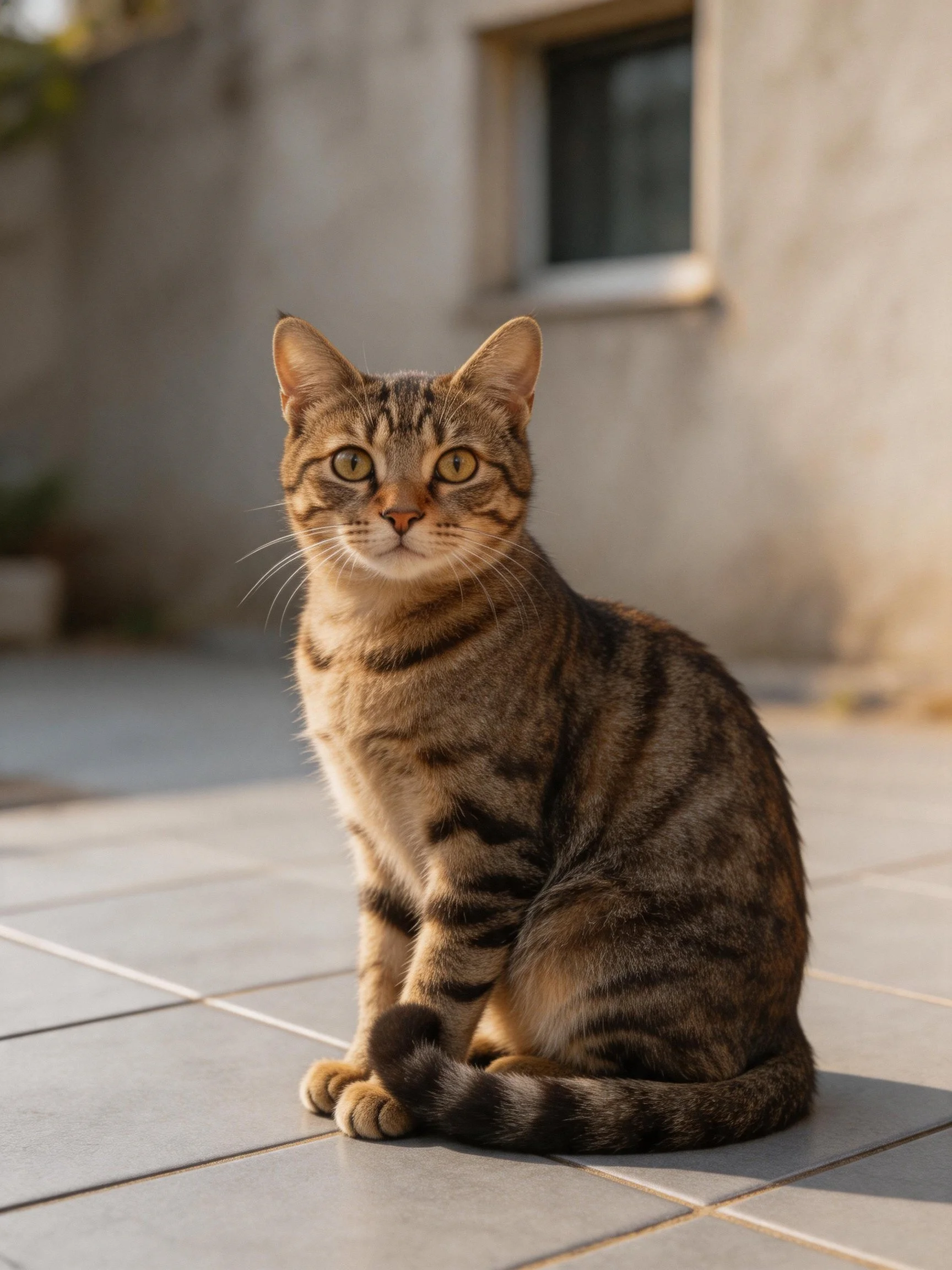 A brown tabby cat sits calmly on gray tiles near a beige building.
