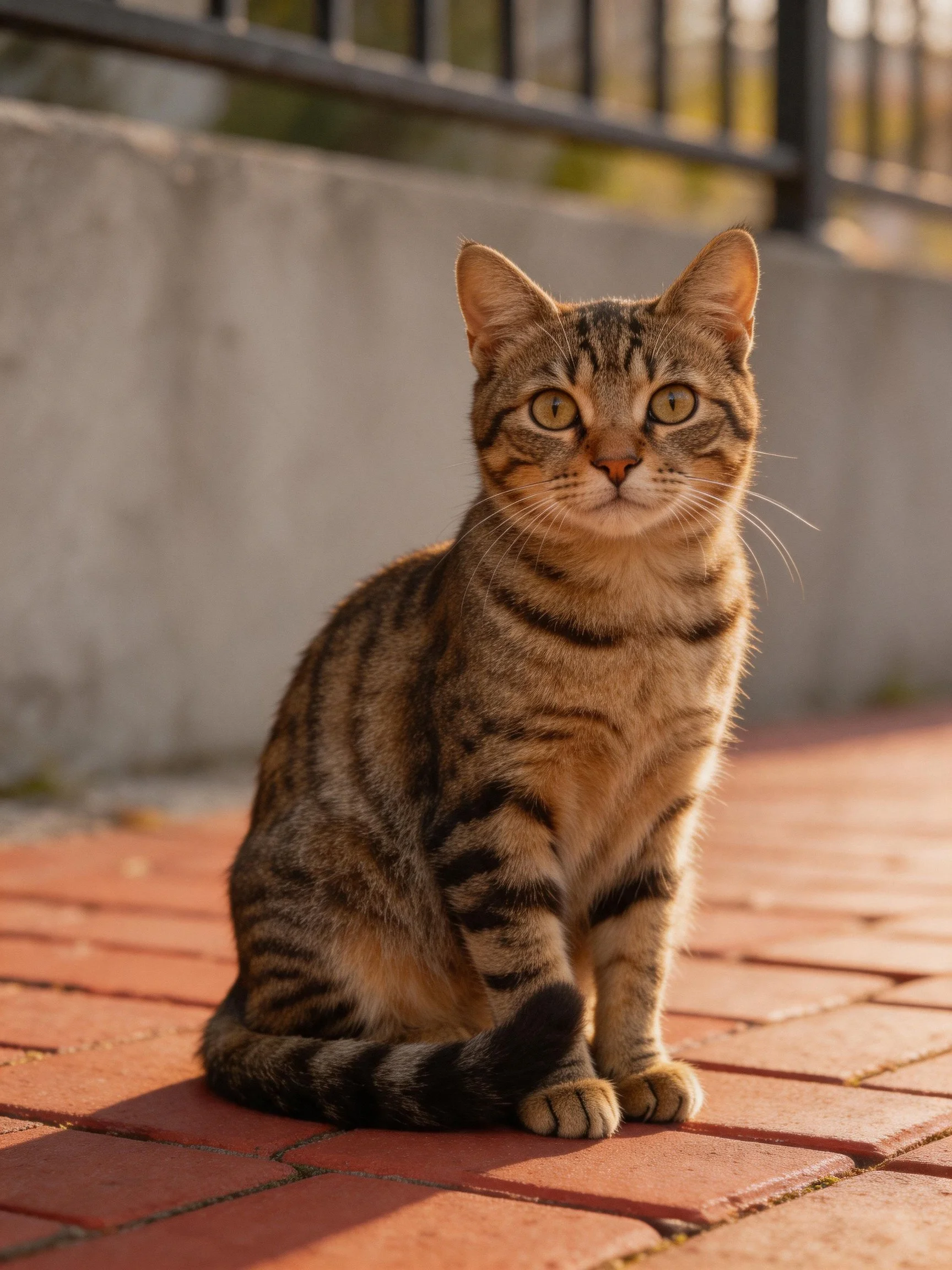 A brown tabby cat sits on red brick pavement near a concrete wall
