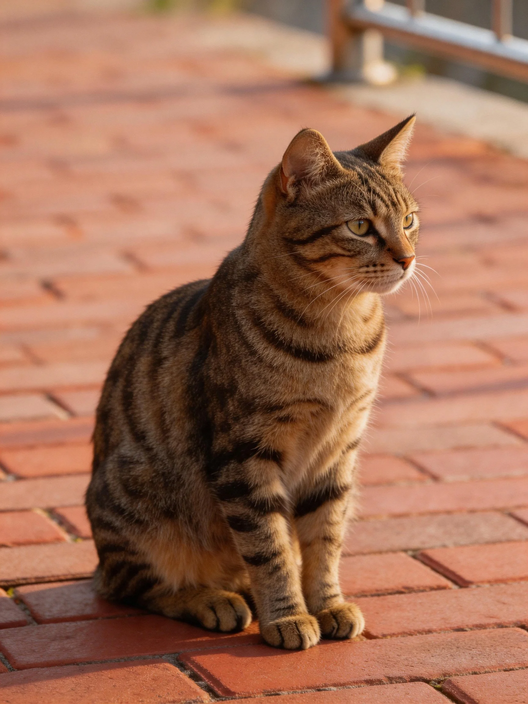 A brown tabby cat sits on reddish-brown brick pavement outdoors.