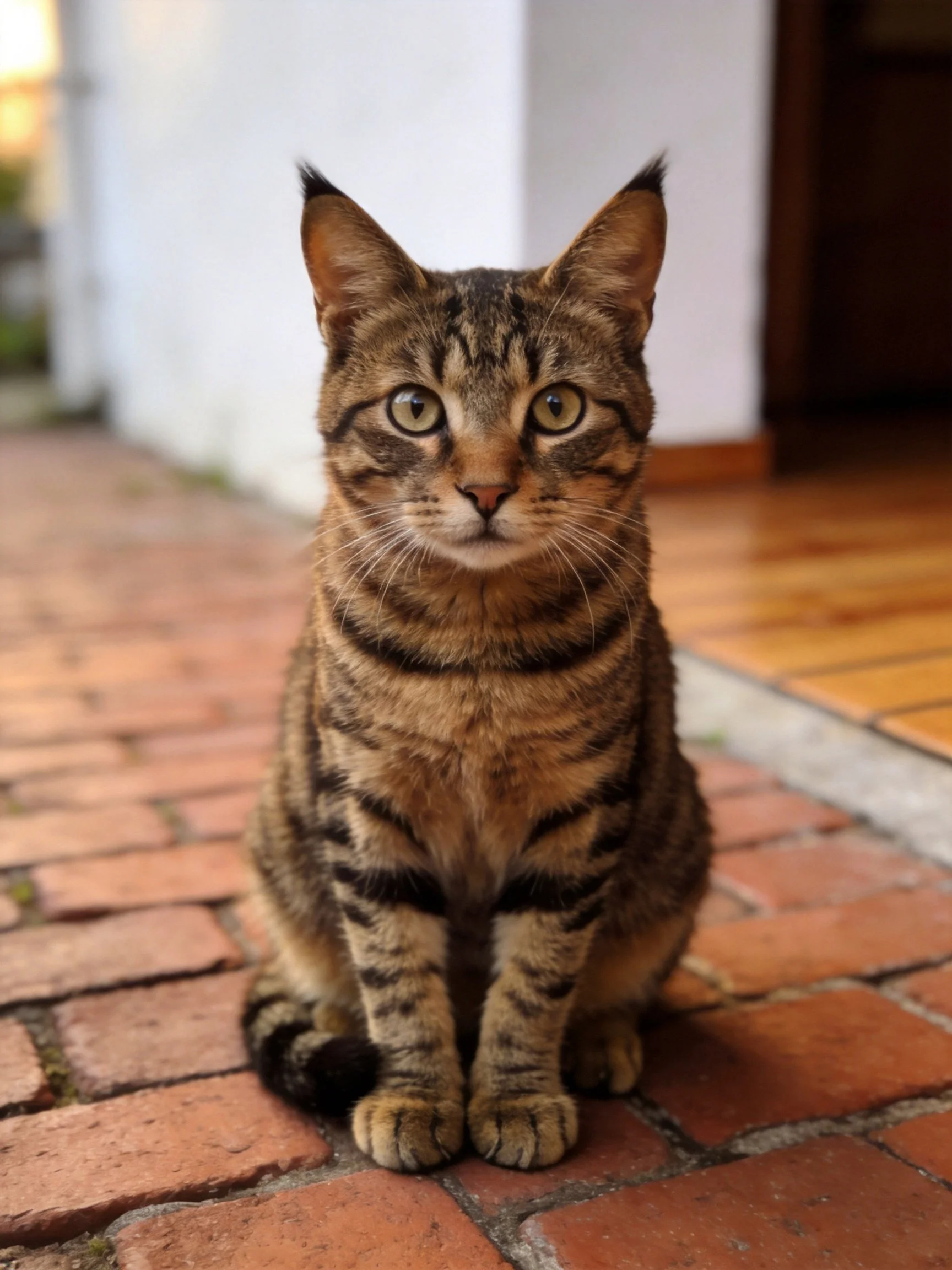 A brown tabby cat sits on reddish-brown bricks near a doorway