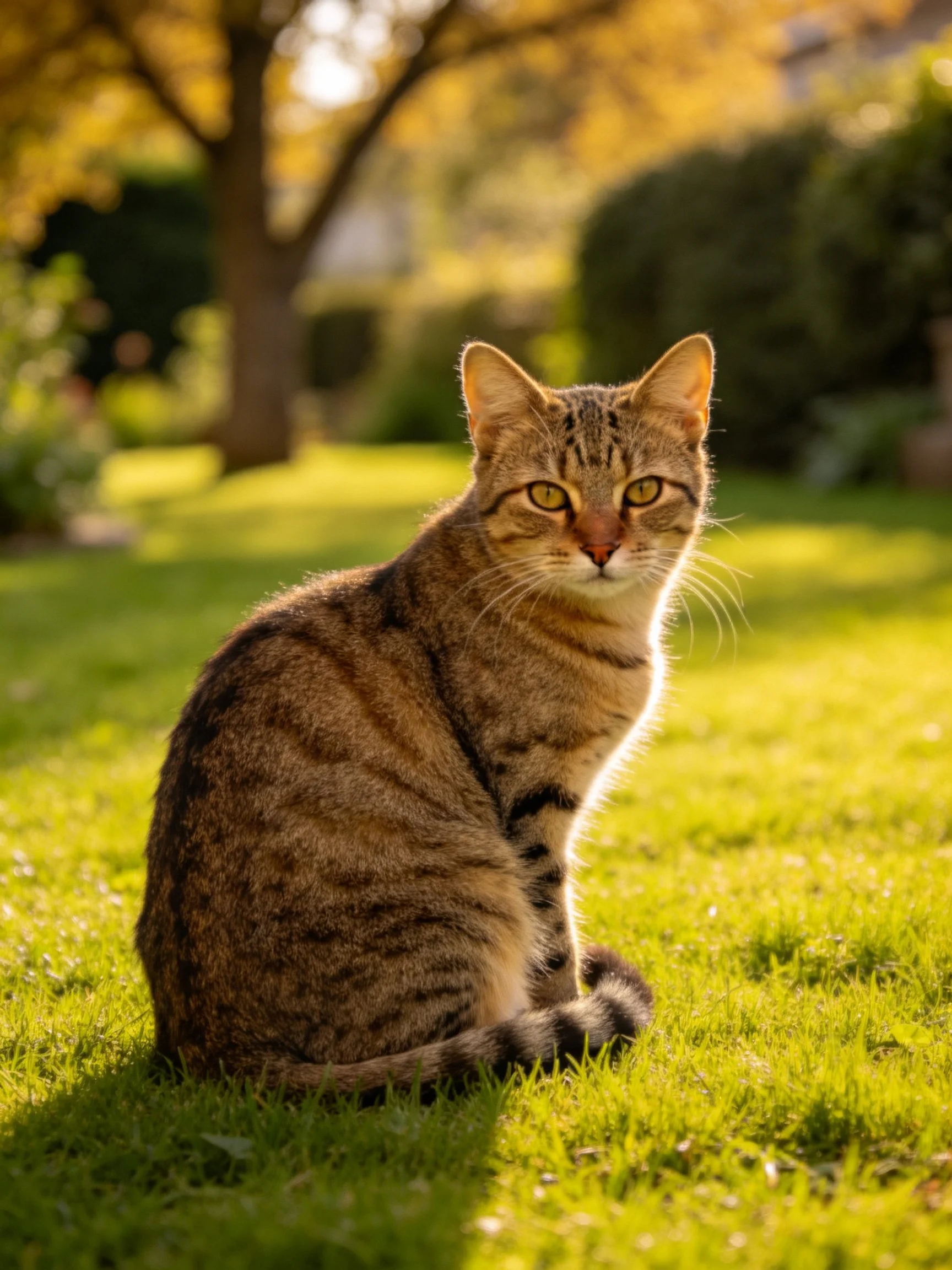 A brown tabby cat rests calmly on sunlit grass in a garden setting.