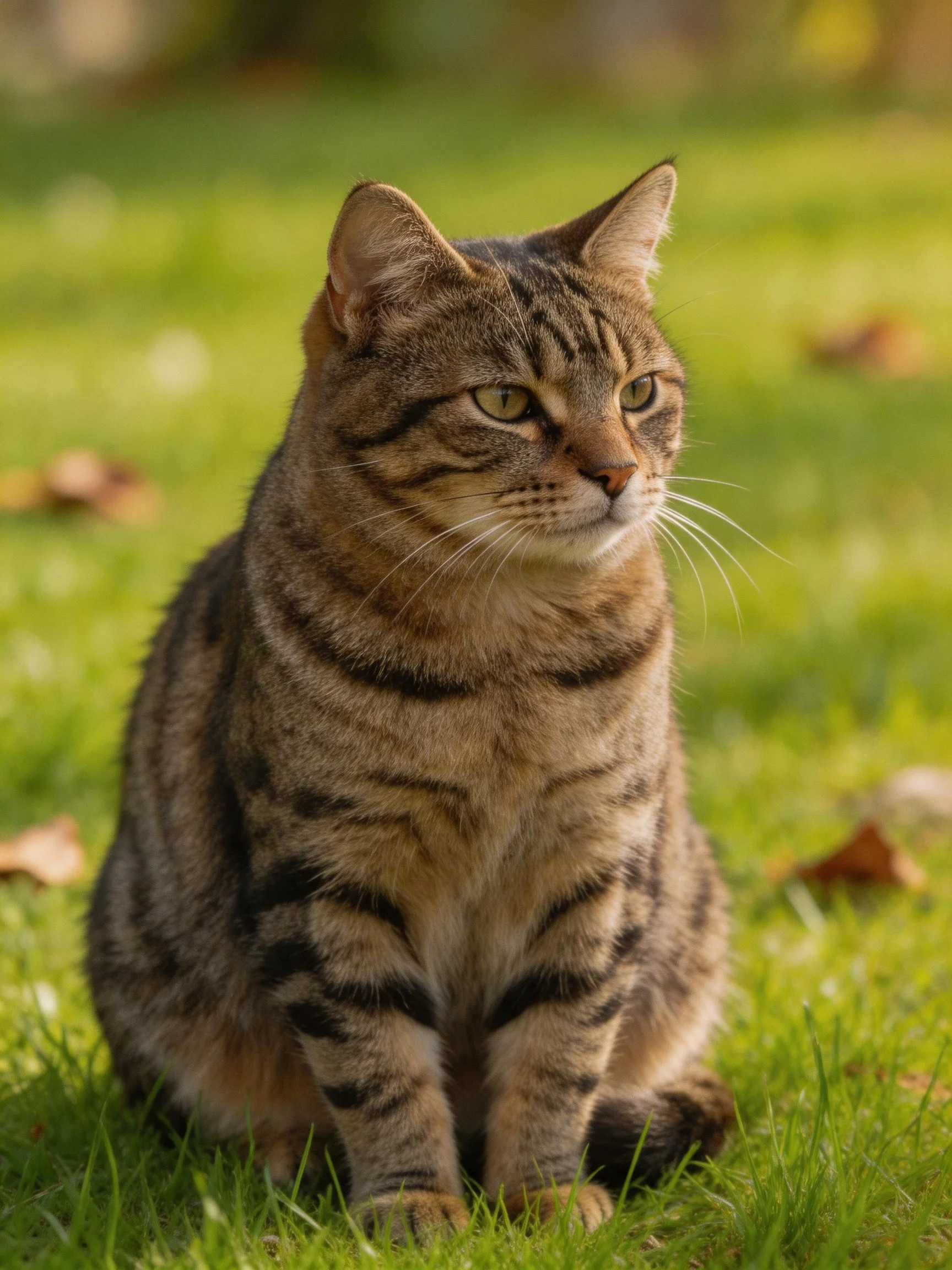 A brown tabby cat sits calmly on green grass in a sunlit outdoor setting.