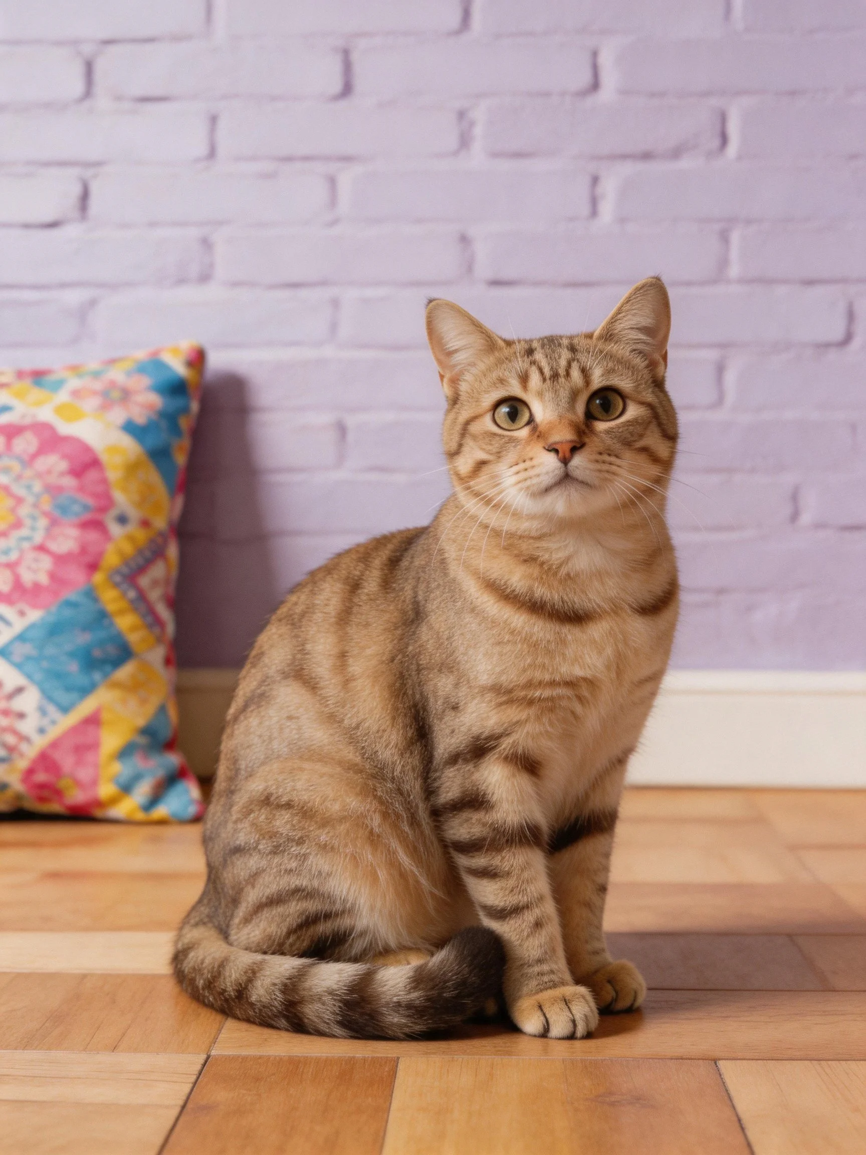 A brown tabby cat sits on wood flooring beside a colorful pillow and purple brick wall