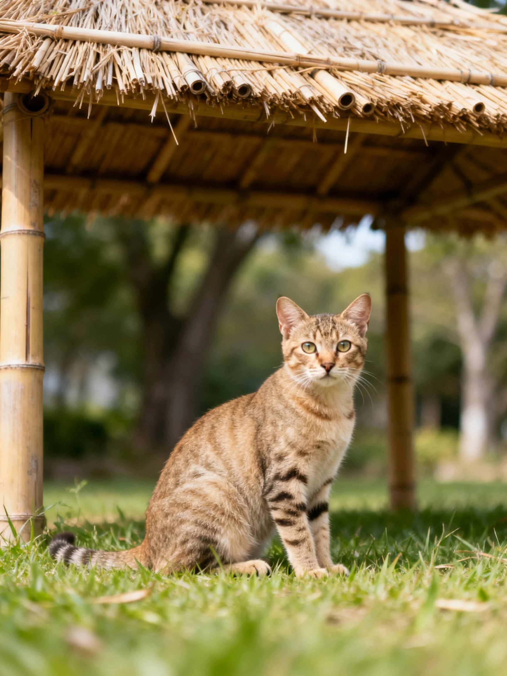 A brown tabby cat sits under a bamboo shelter in a grassy area.