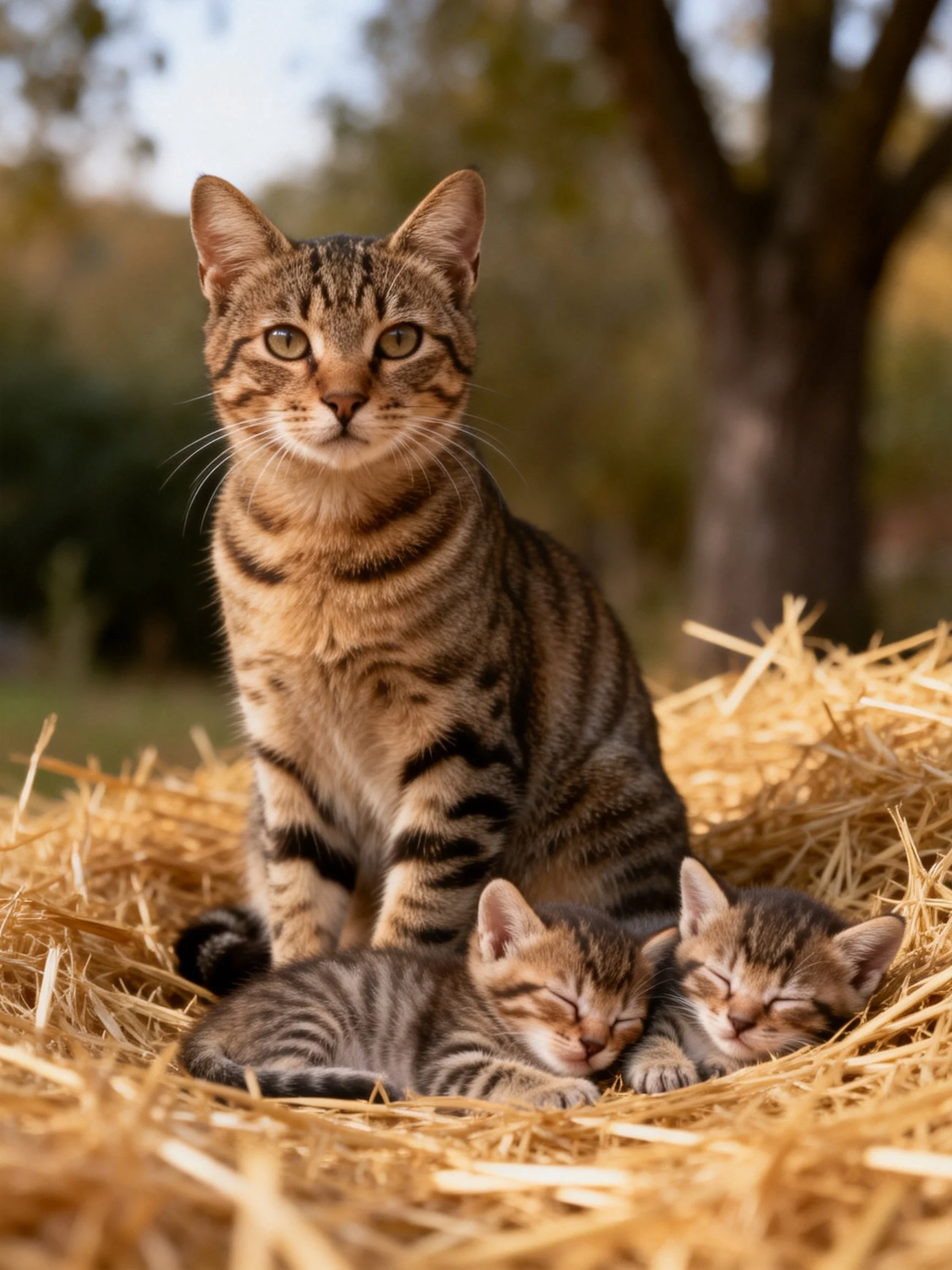 An adult tabby cat sits near two sleeping kittens on straw in a sunlit outdoor setting.