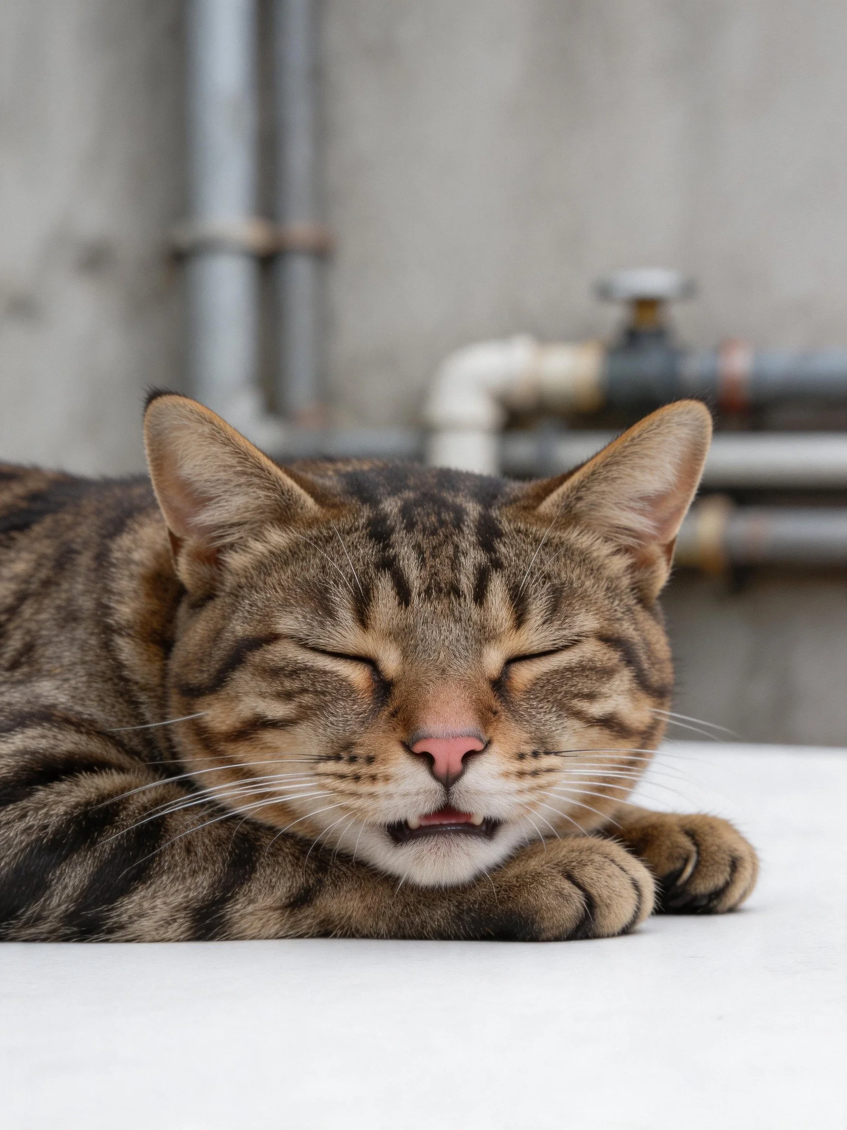 A brown tabby cat sleeps near industrial pipes.