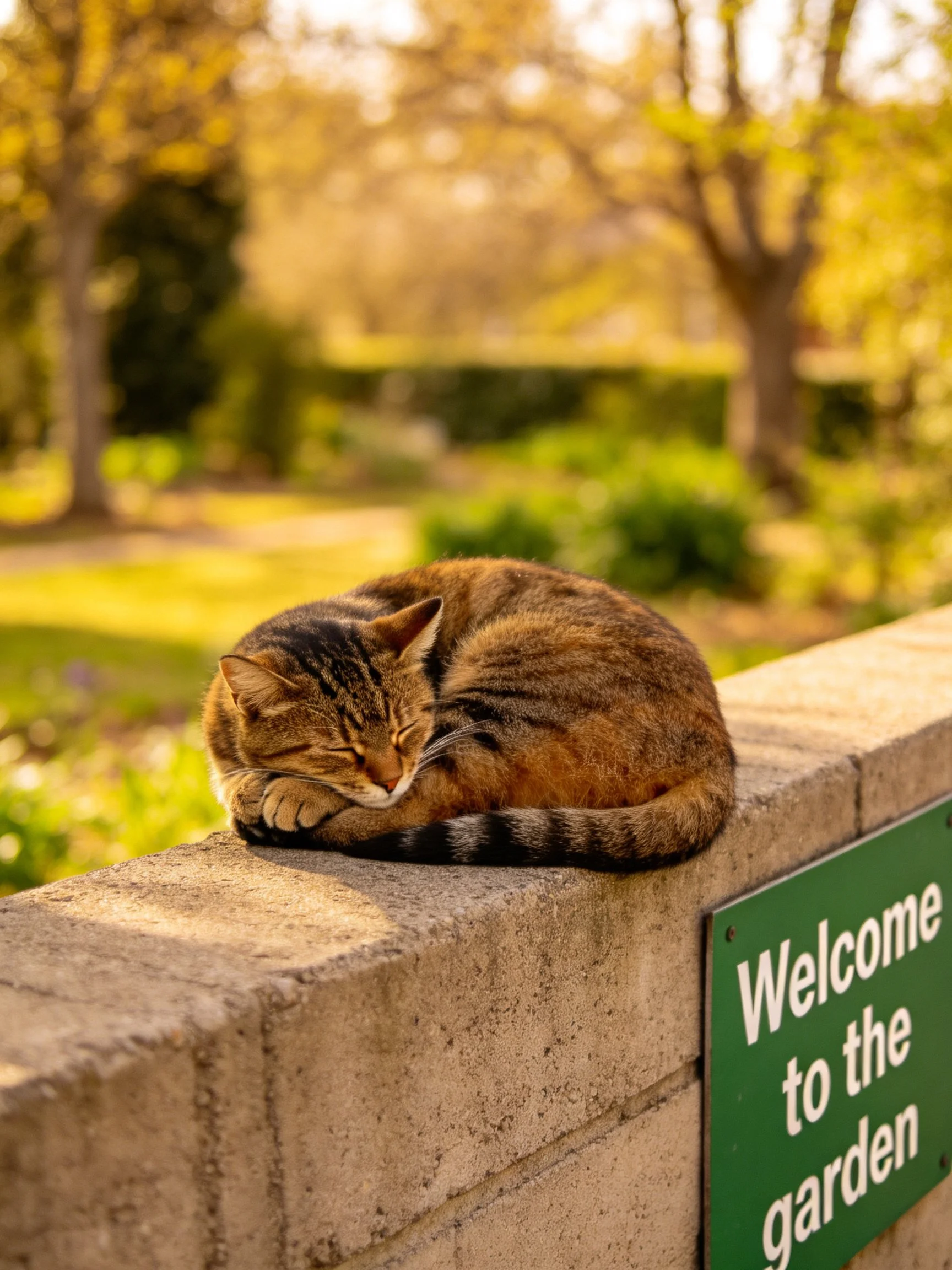 A brown tabby cat sleeps on a concrete wall near a garden sign