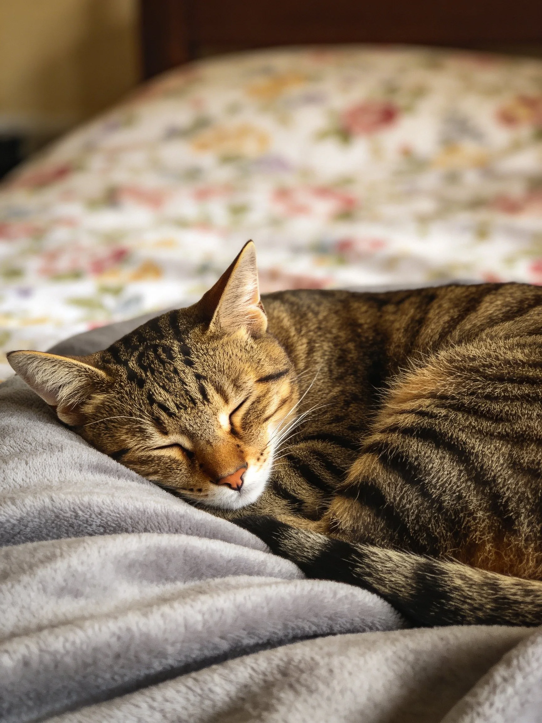 A brown tabby cat sleeps on a gray blanket with a floral bedspread