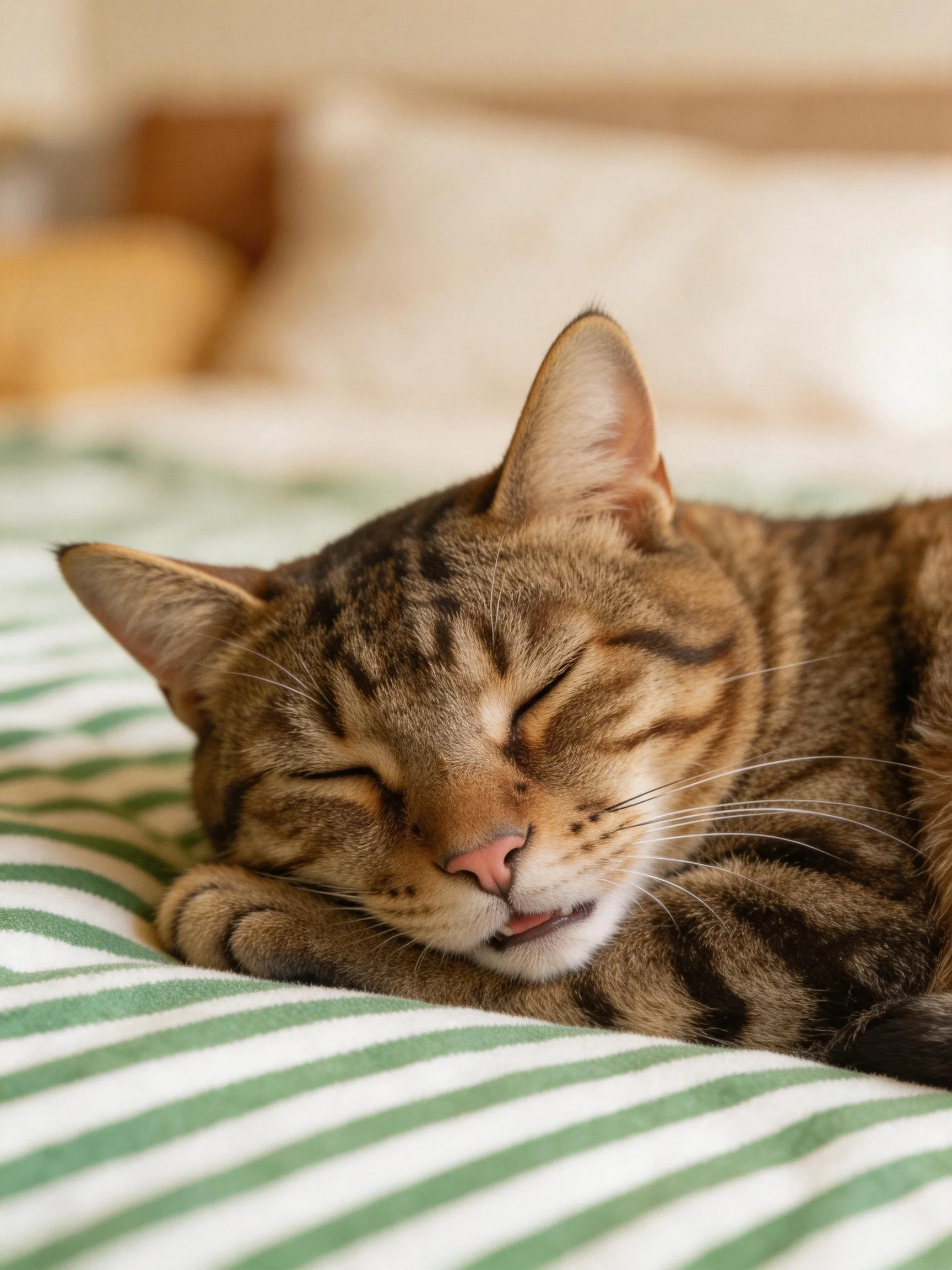 A brown tabby cat sleeps on a green-striped bedspread