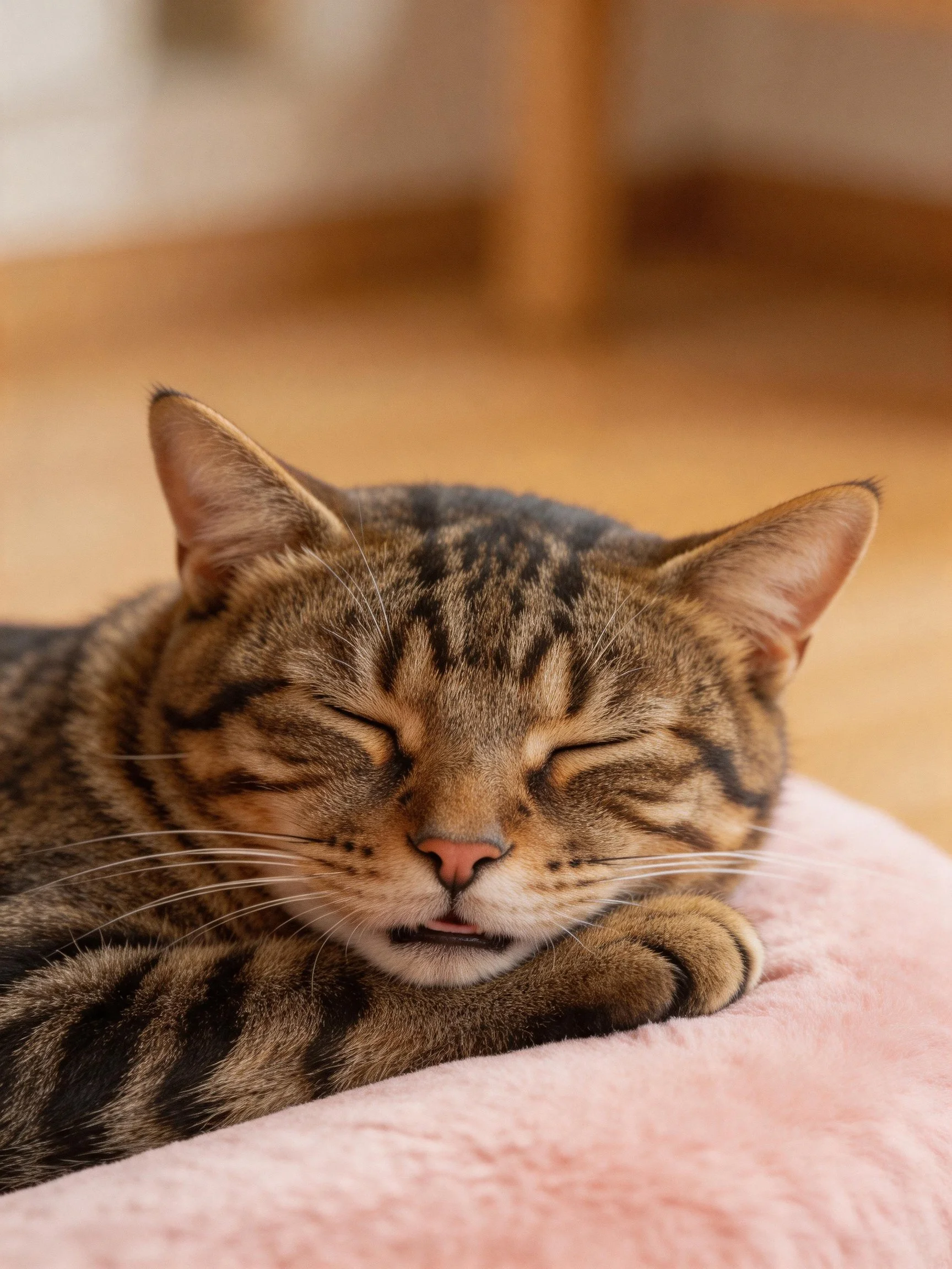A brown tabby cat sleeps soundly on a soft pink cushion.