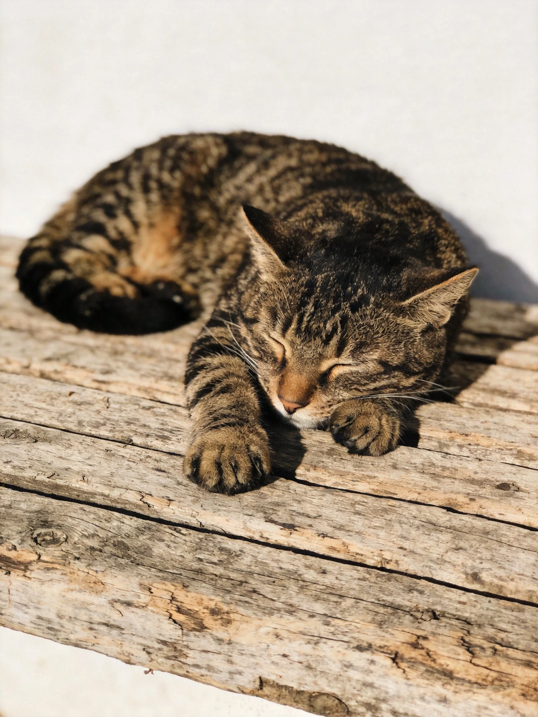 A brown tabby cat sleeps on weathered wooden planks
