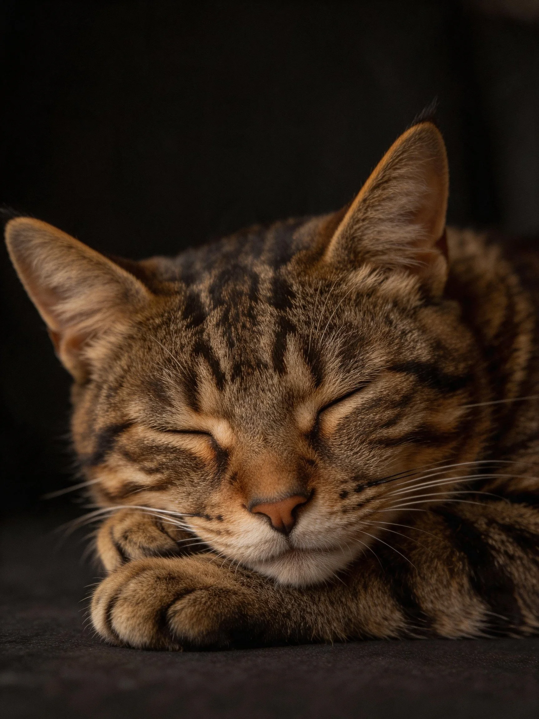 A brown tabby cat sleeps peacefully against a dark backdrop