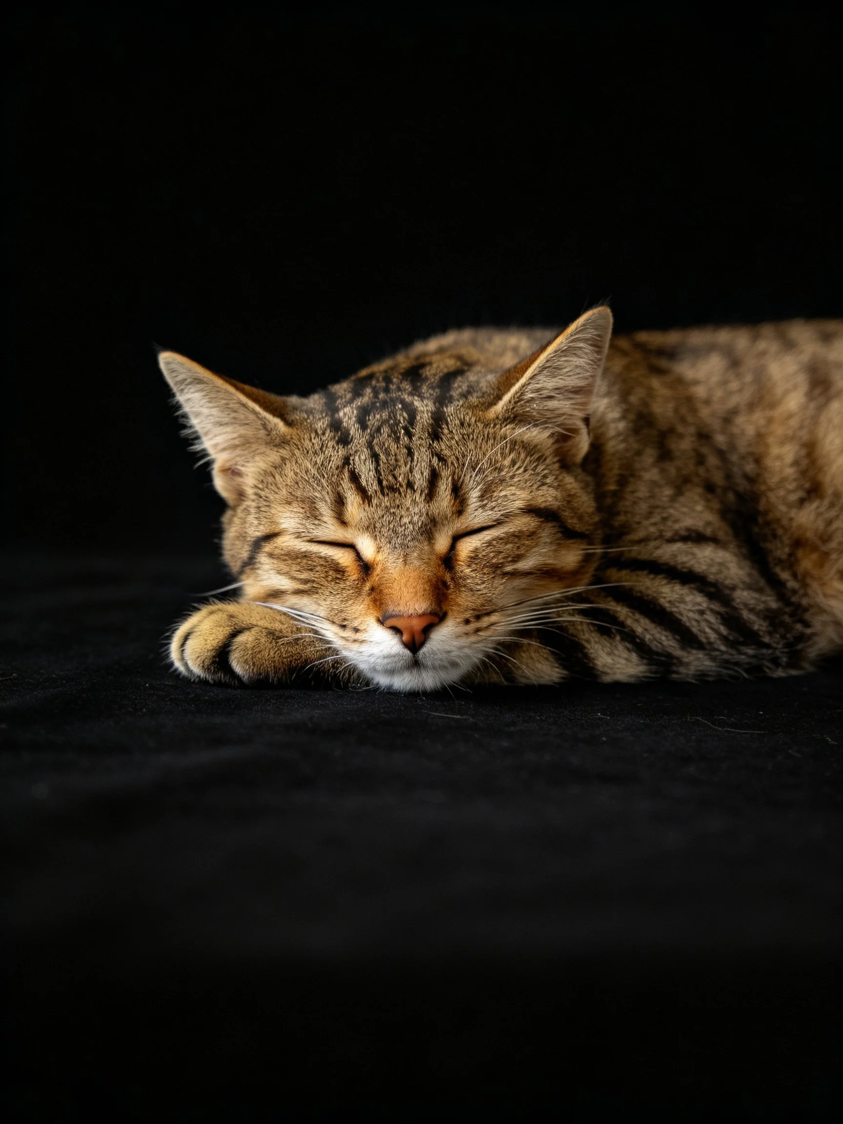 A brown tabby cat sleeps peacefully on a black fabric surface