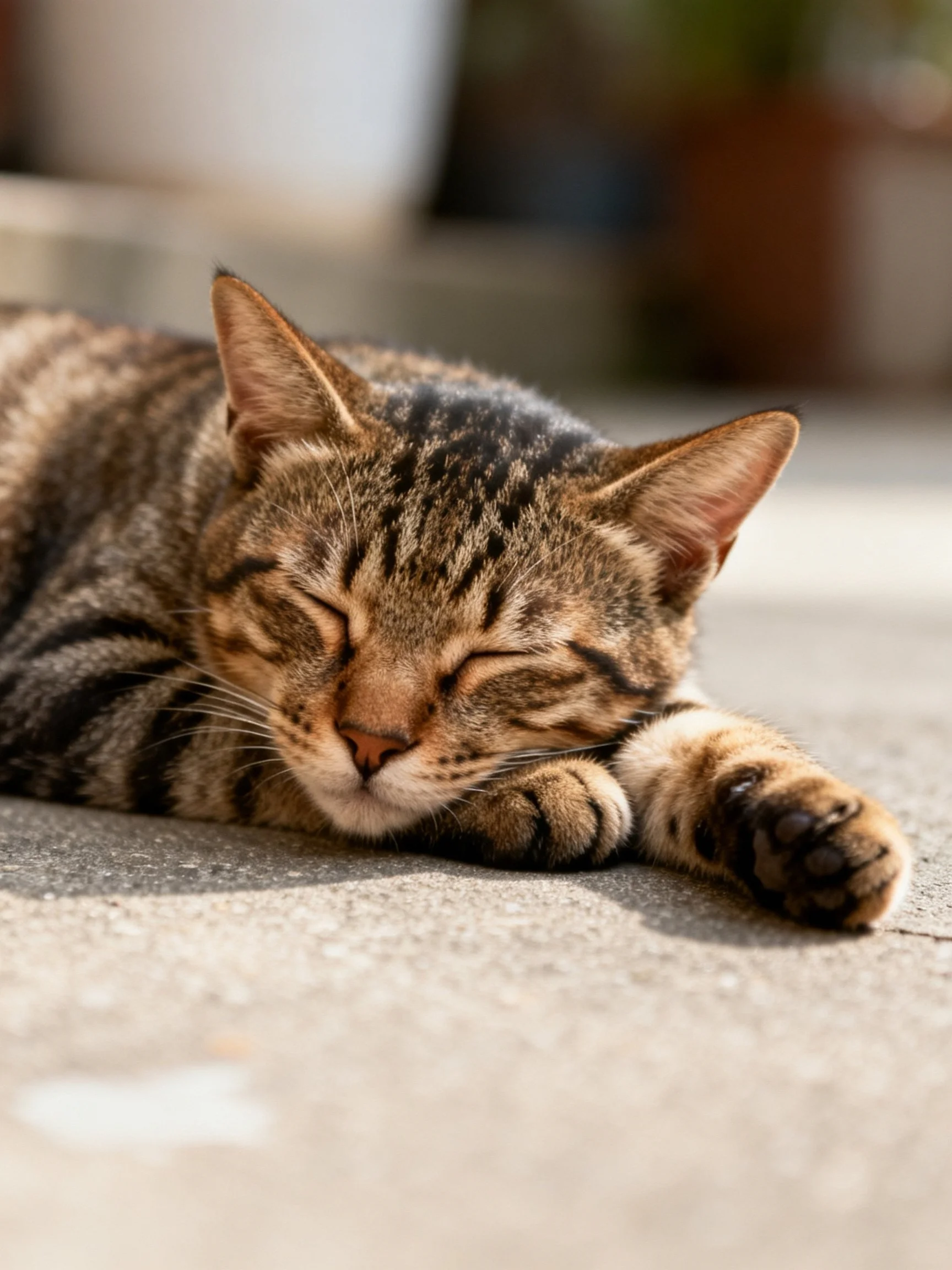 A brown tabby cat sleeps peacefully on a concrete surface