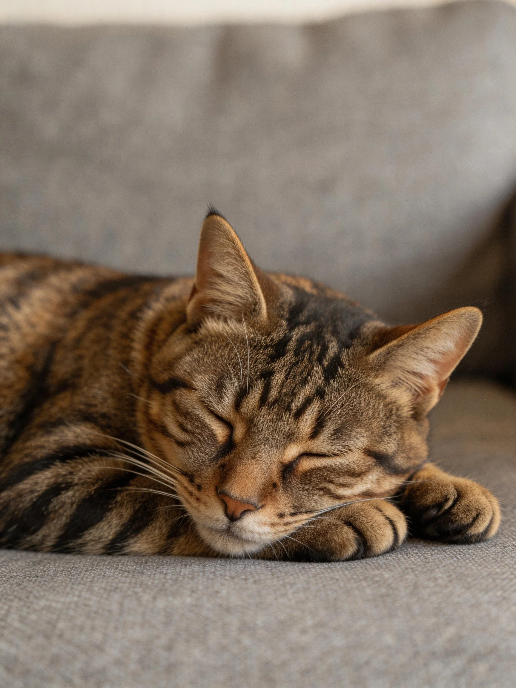 A brown tabby cat sleeps peacefully on a gray sofa