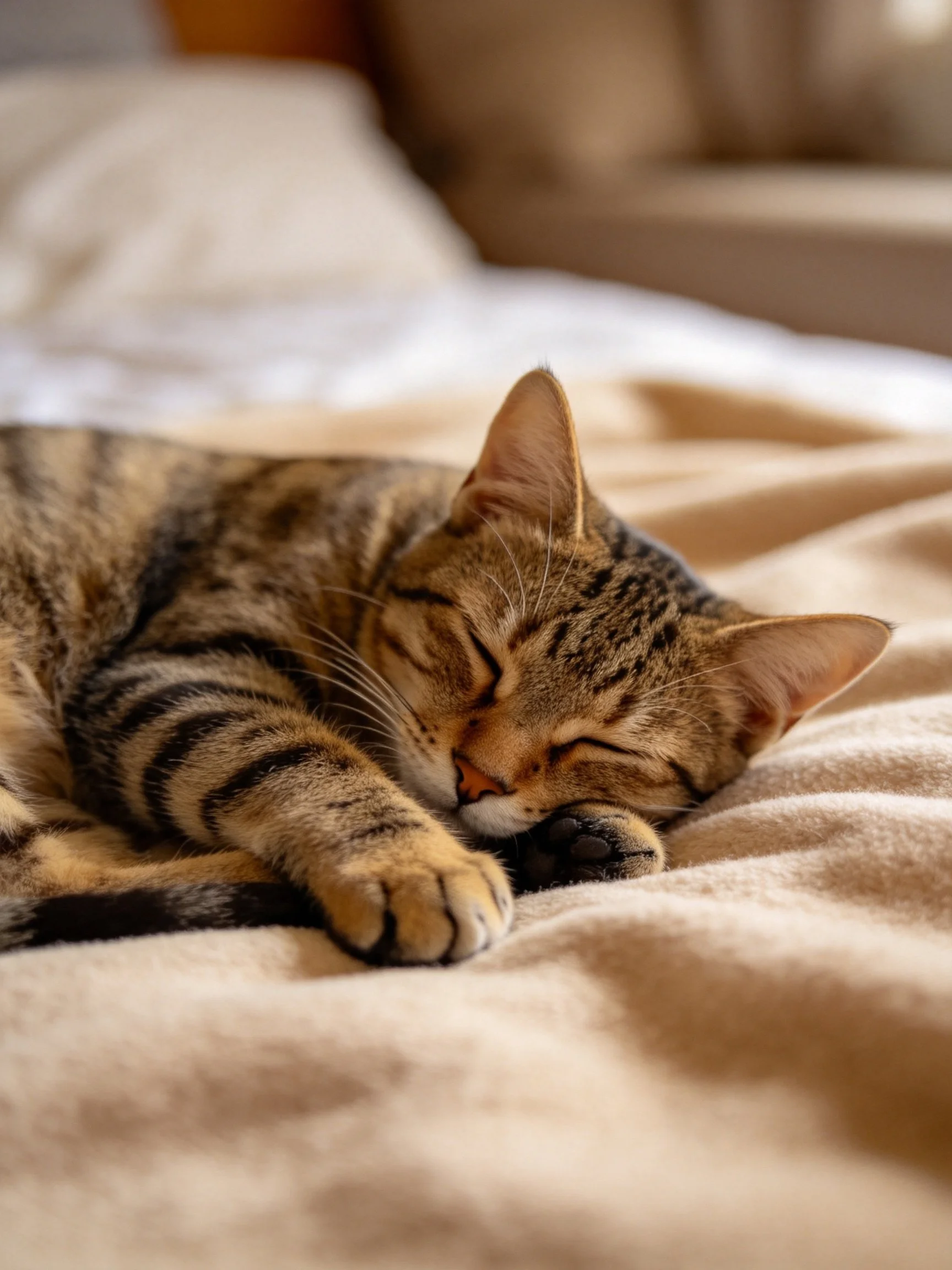 A brown tabby cat sleeps peacefully on a soft beige bedspread