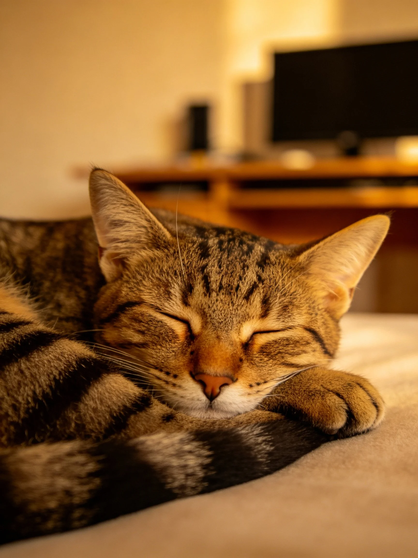 A brown tabby cat sleeps peacefully on a soft surface