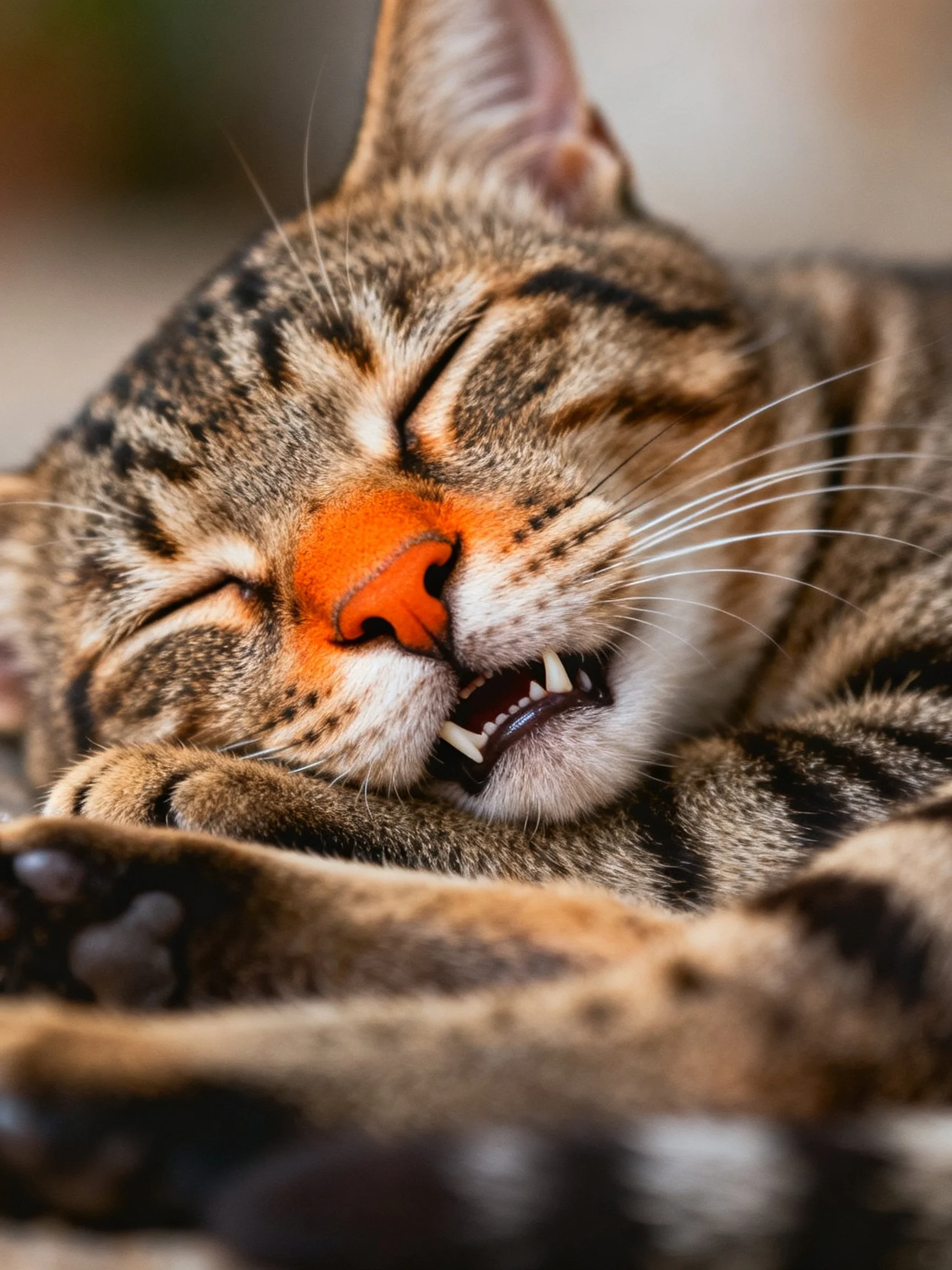 A brown tabby cat sleeps peacefully with an orange nose
