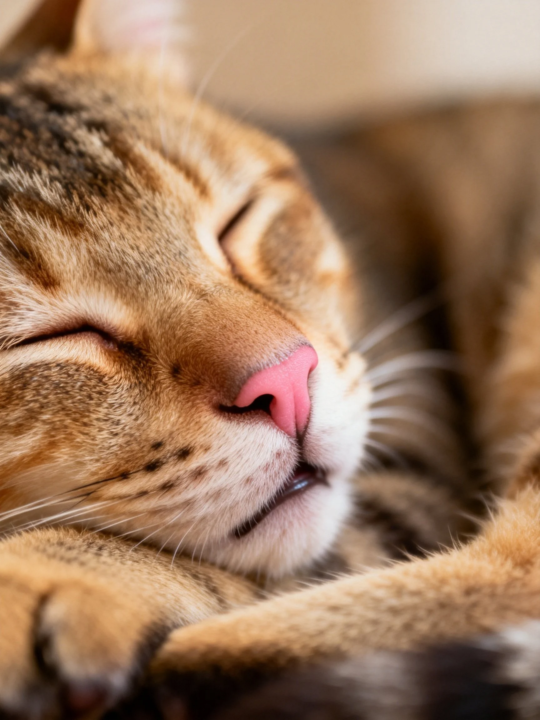 A brown tabby cat sleeps peacefully with closed eyes