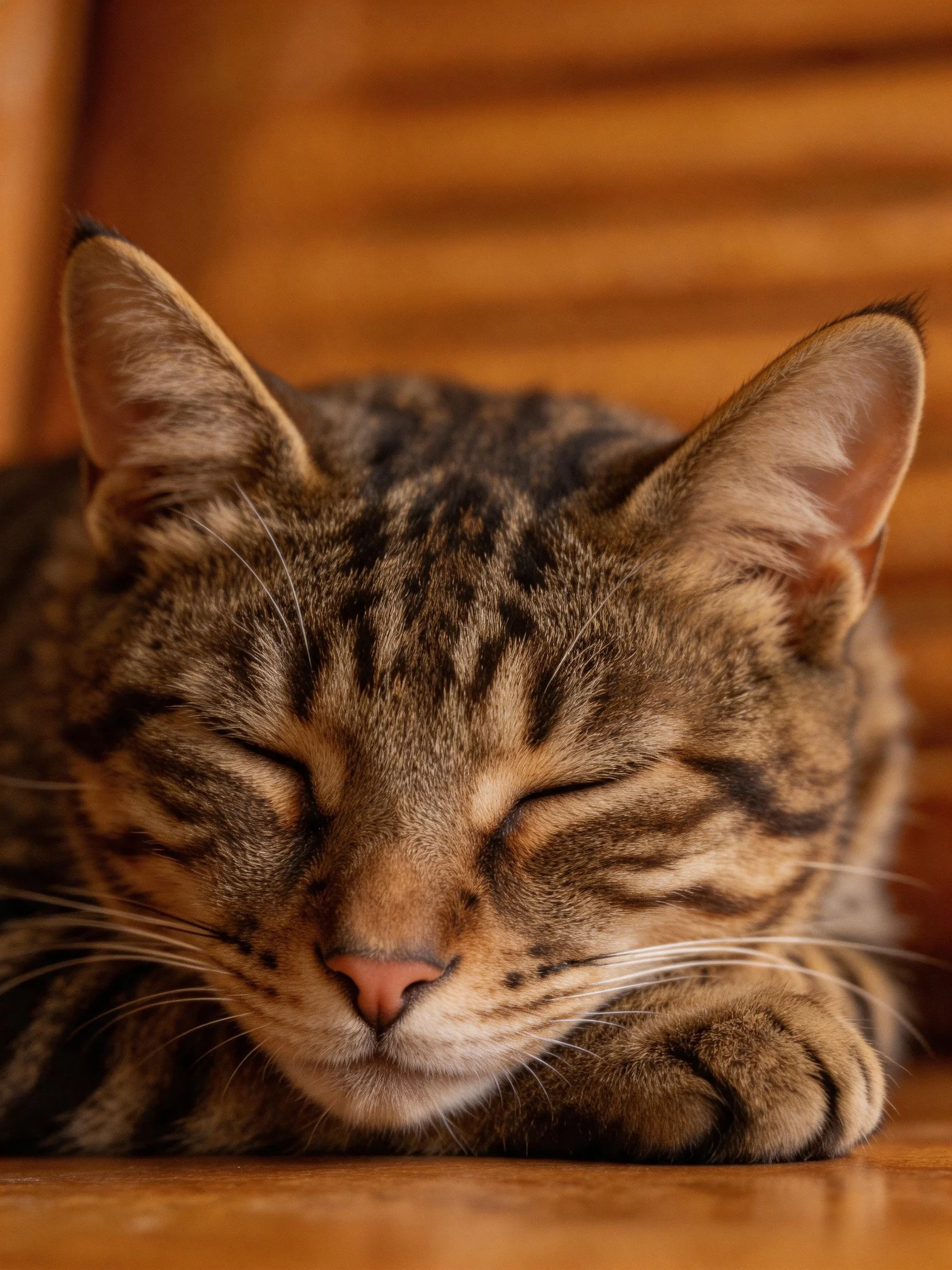 A brown tabby cat sleeps peacefully with closed eyes