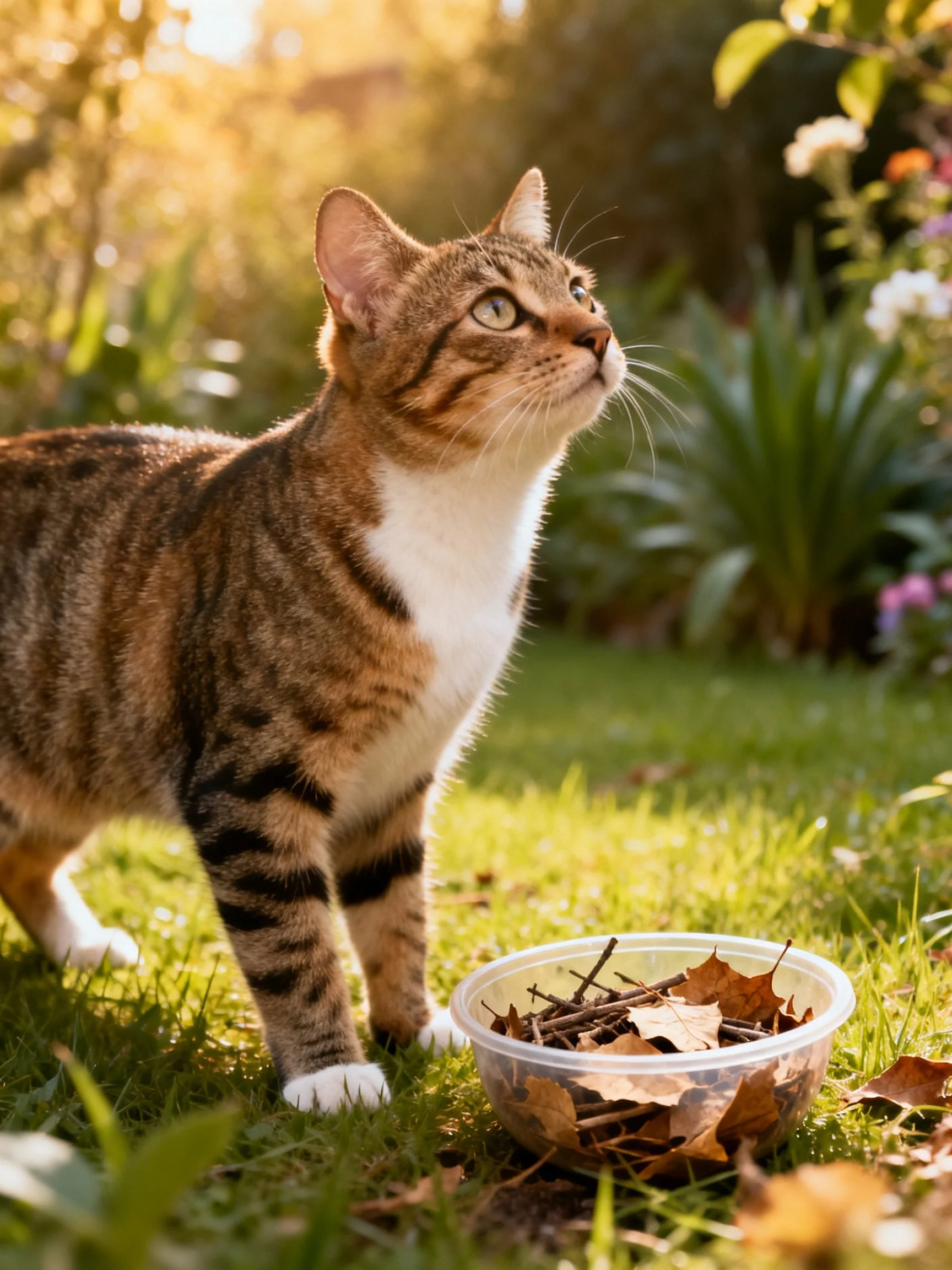 A brown tabby cat stands near a container of twigs and leaves in a sunlit garden.