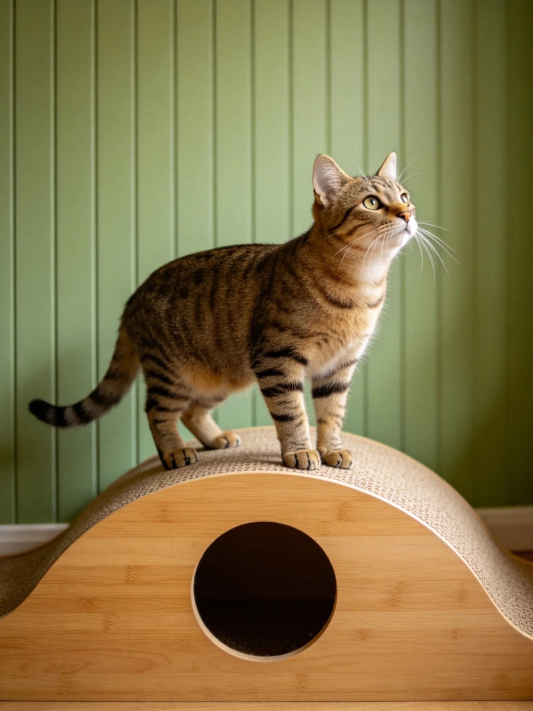 A brown tabby cat stands on a bamboo and cardboard cat structure