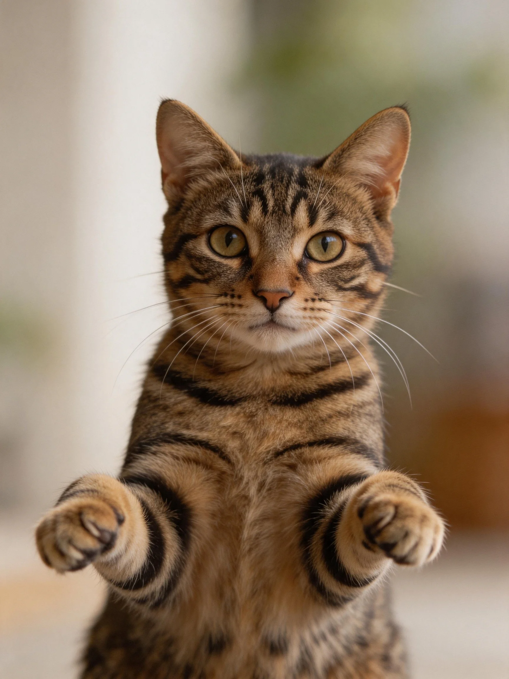 A brown tabby cat stands upright with raised paws