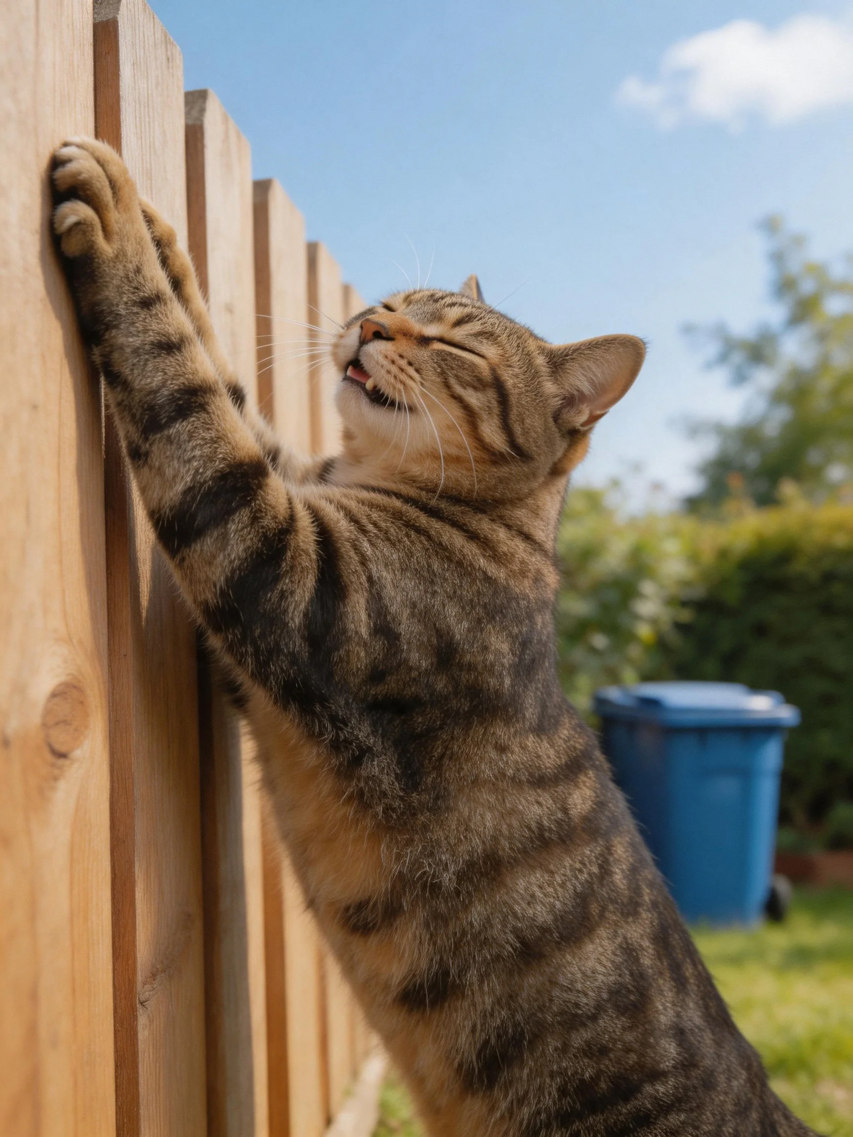 A brown tabby cat stretches toward a wooden fence outdoors