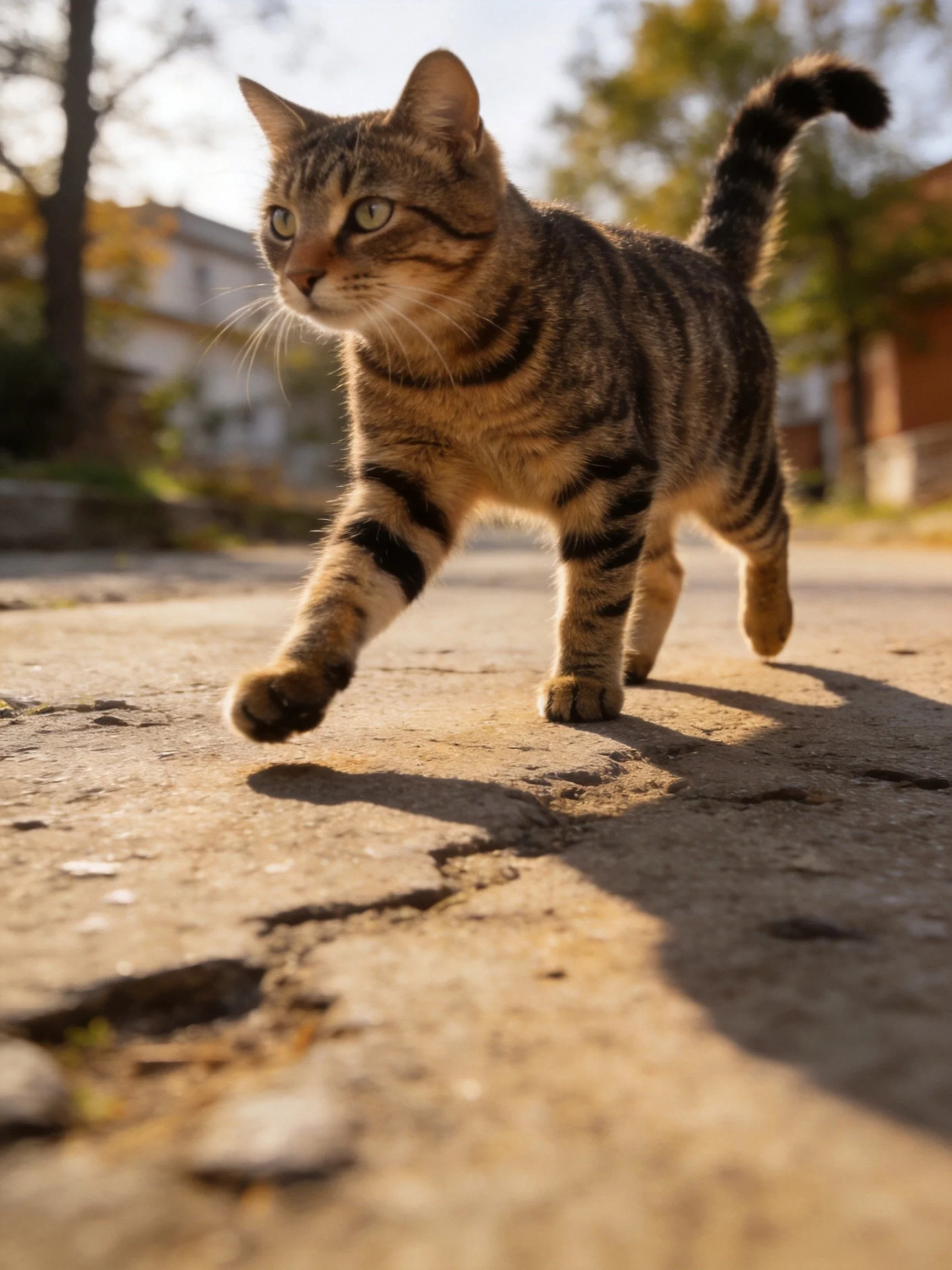 A brown tabby cat strides along a sunlit cracked pavement