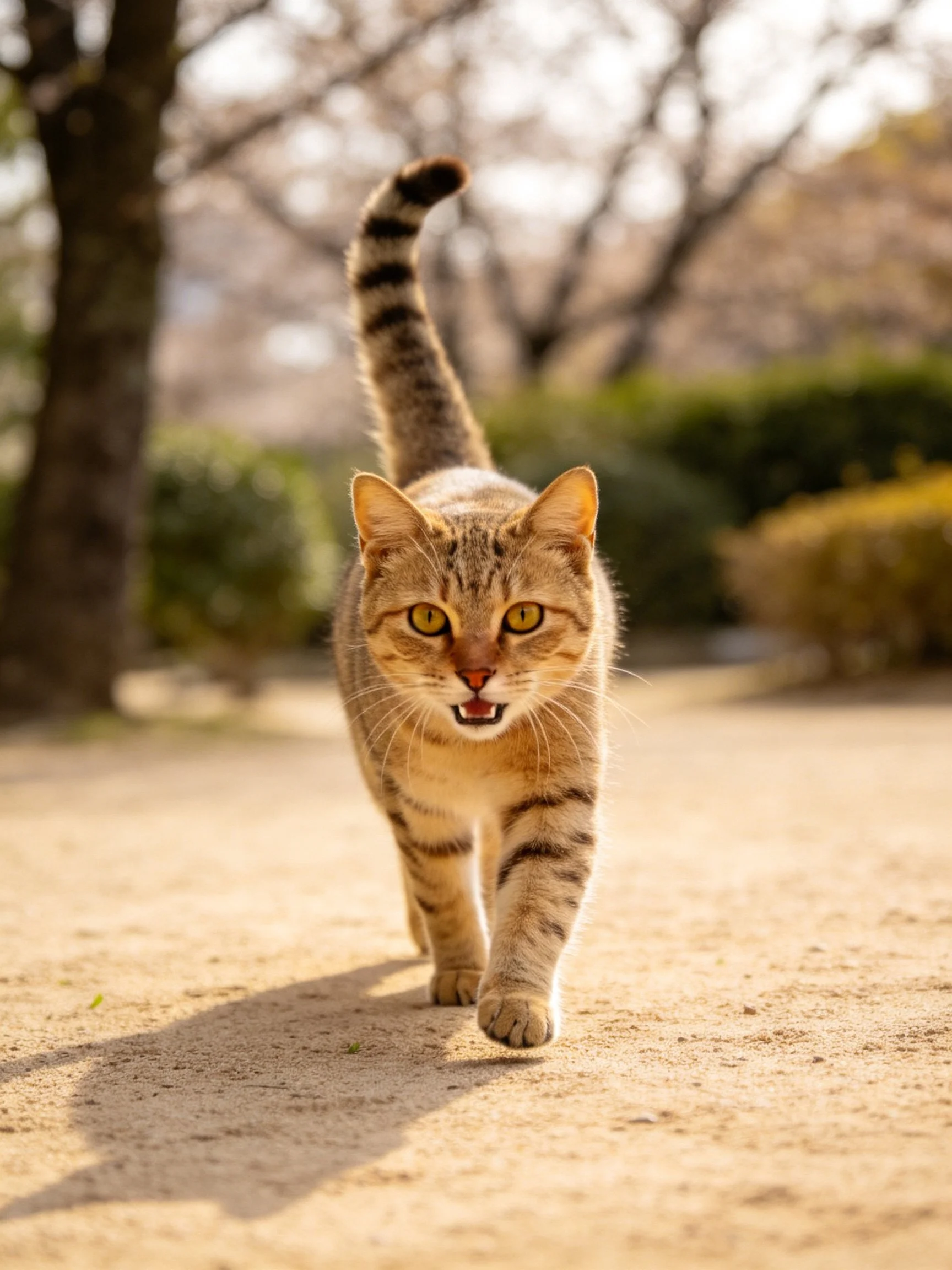 A brown tabby cat strides toward the viewer on a sunlit dirt path