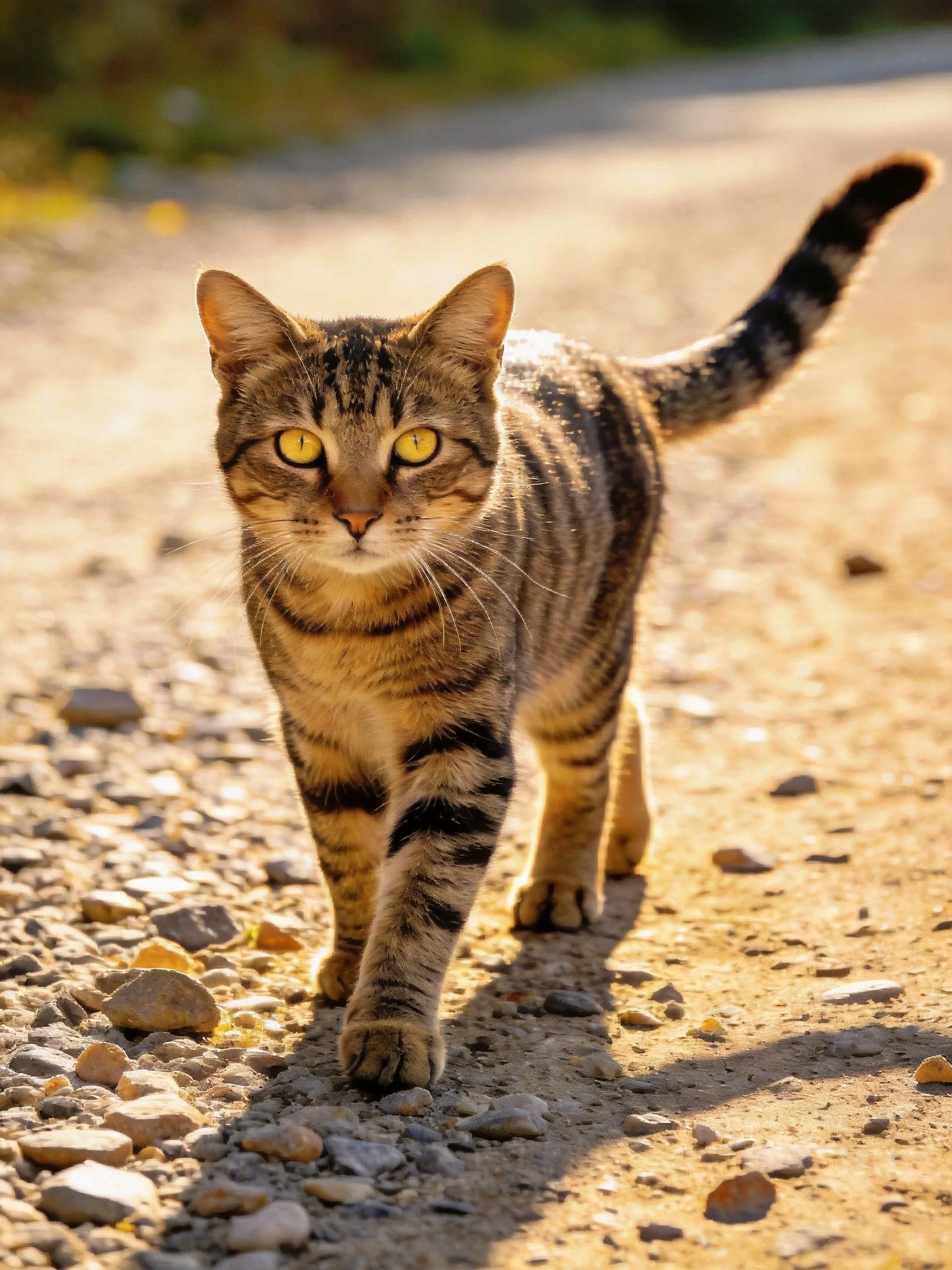A brown tabby cat confidently walks on a sunlit gravel path.