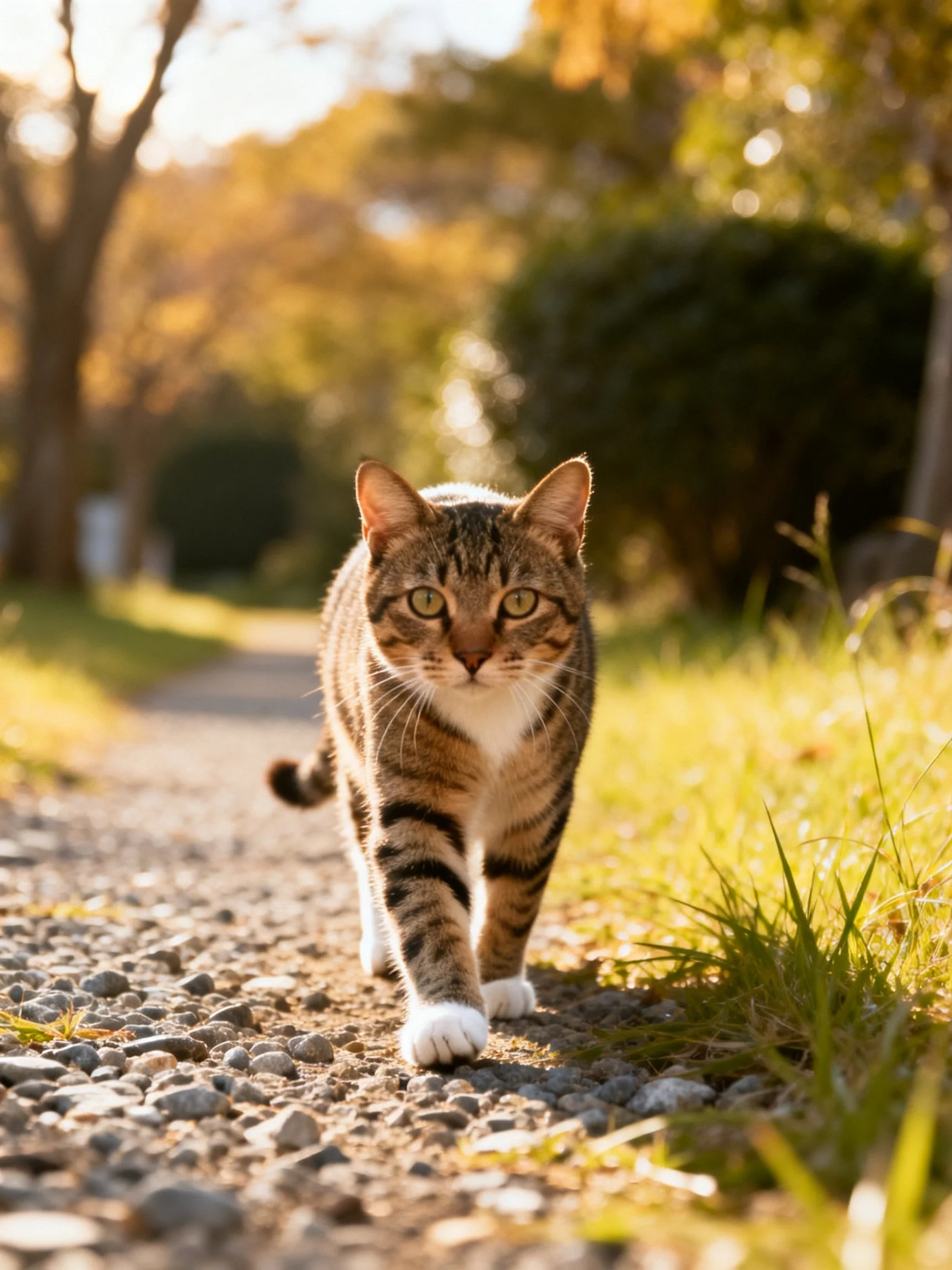 A brown tabby cat walks along a sunlit gravel path