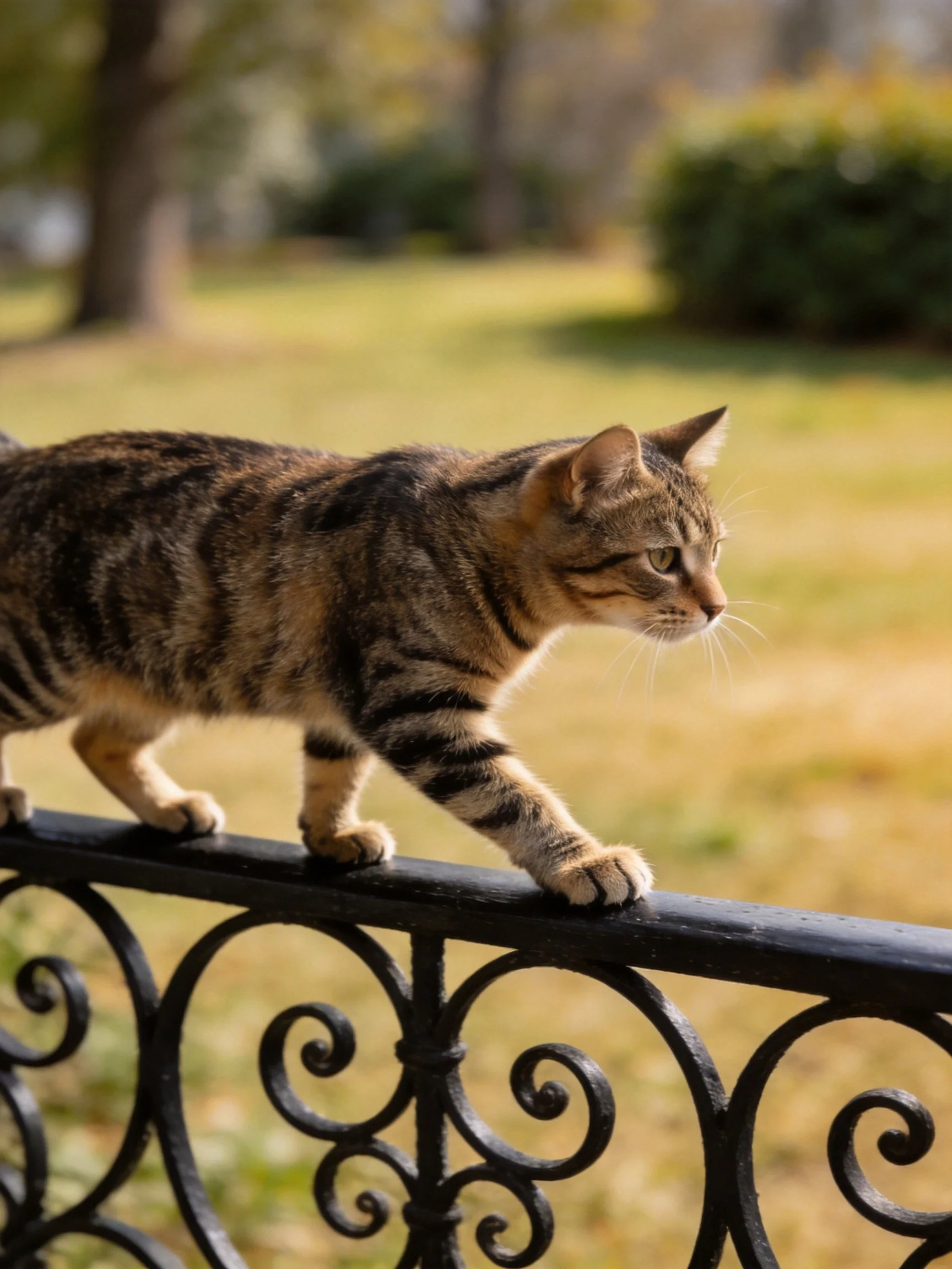A brown tabby cat walks along an ornate black iron fence in a sunny outdoor setting.