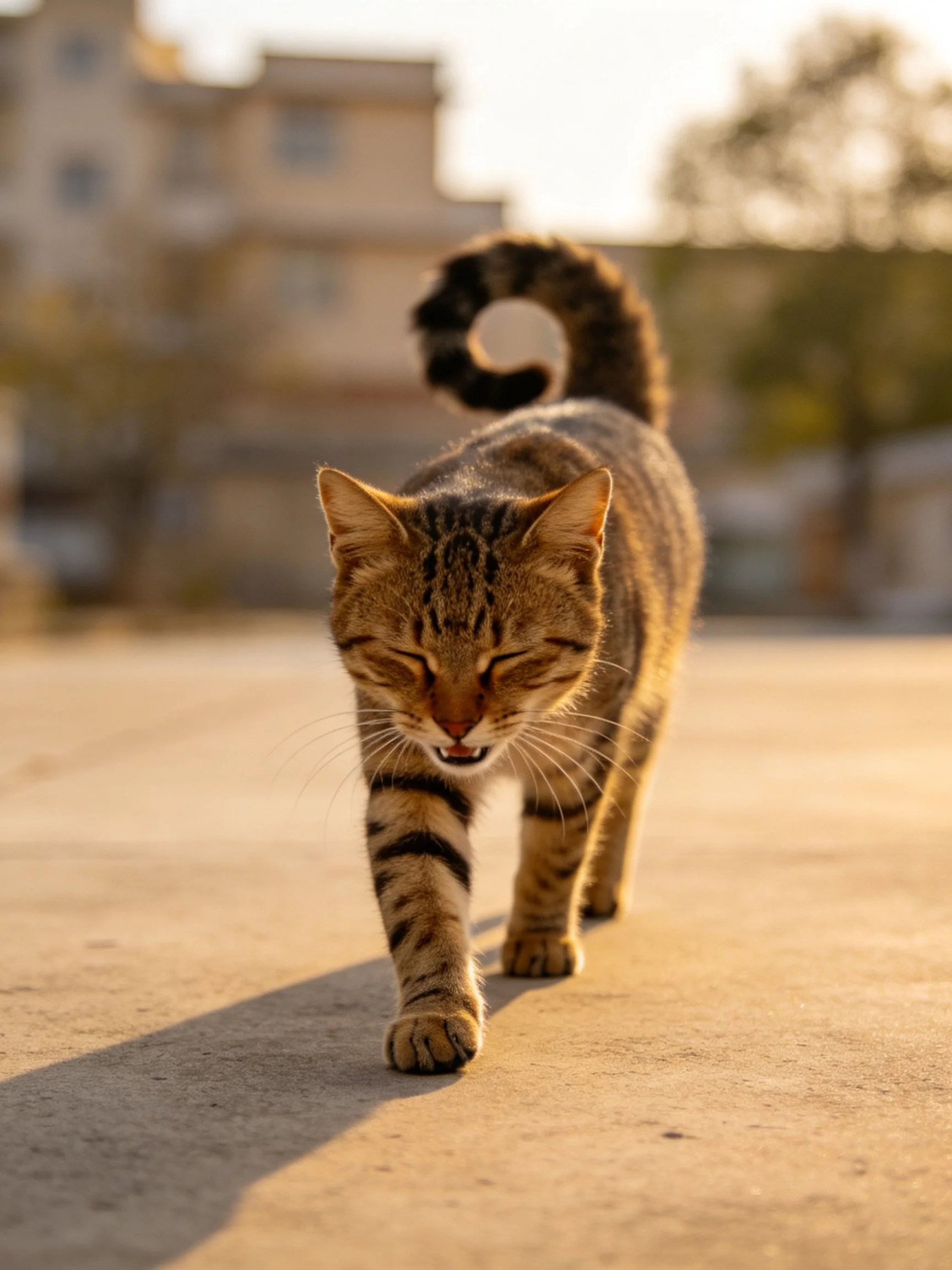 A brown tabby cat walks on a sunlit concrete path