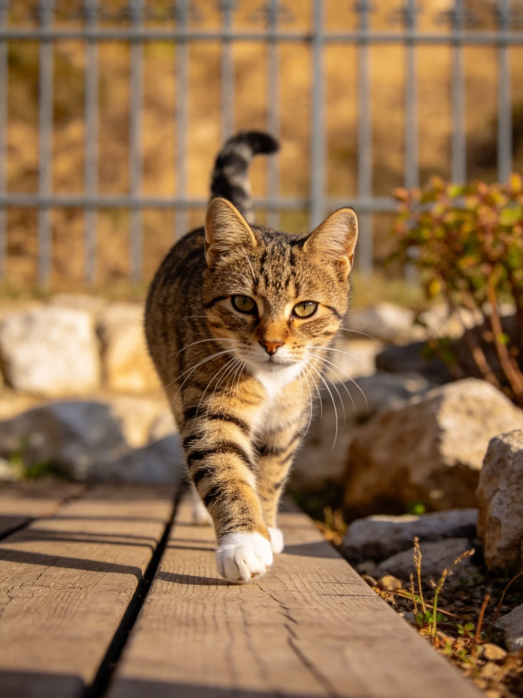 A brown tabby cat moves forward on a wooden path in a rocky, vegetated outdoor space.