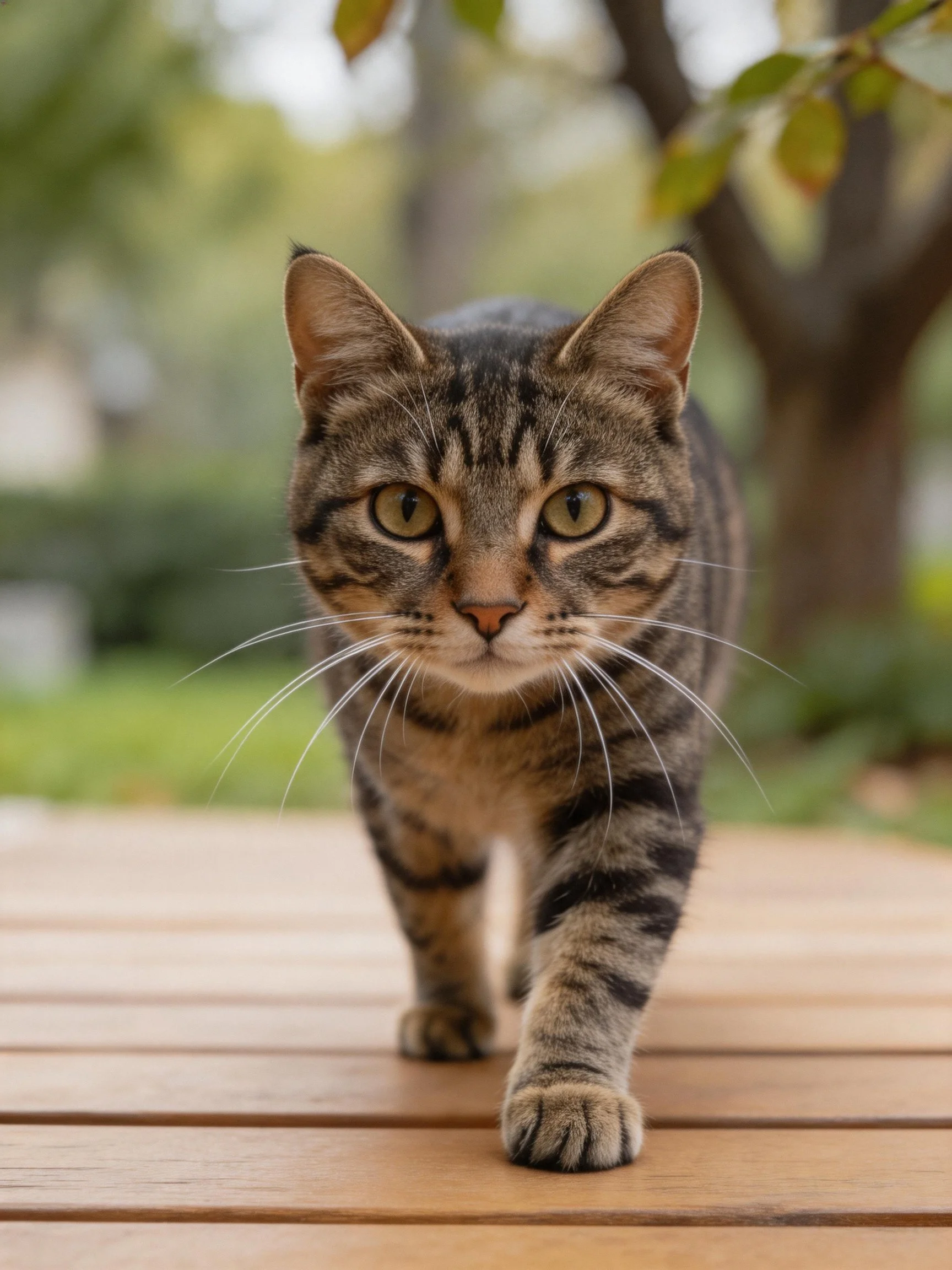 A brown tabby cat moves forward on a wooden deck in an outdoor setting