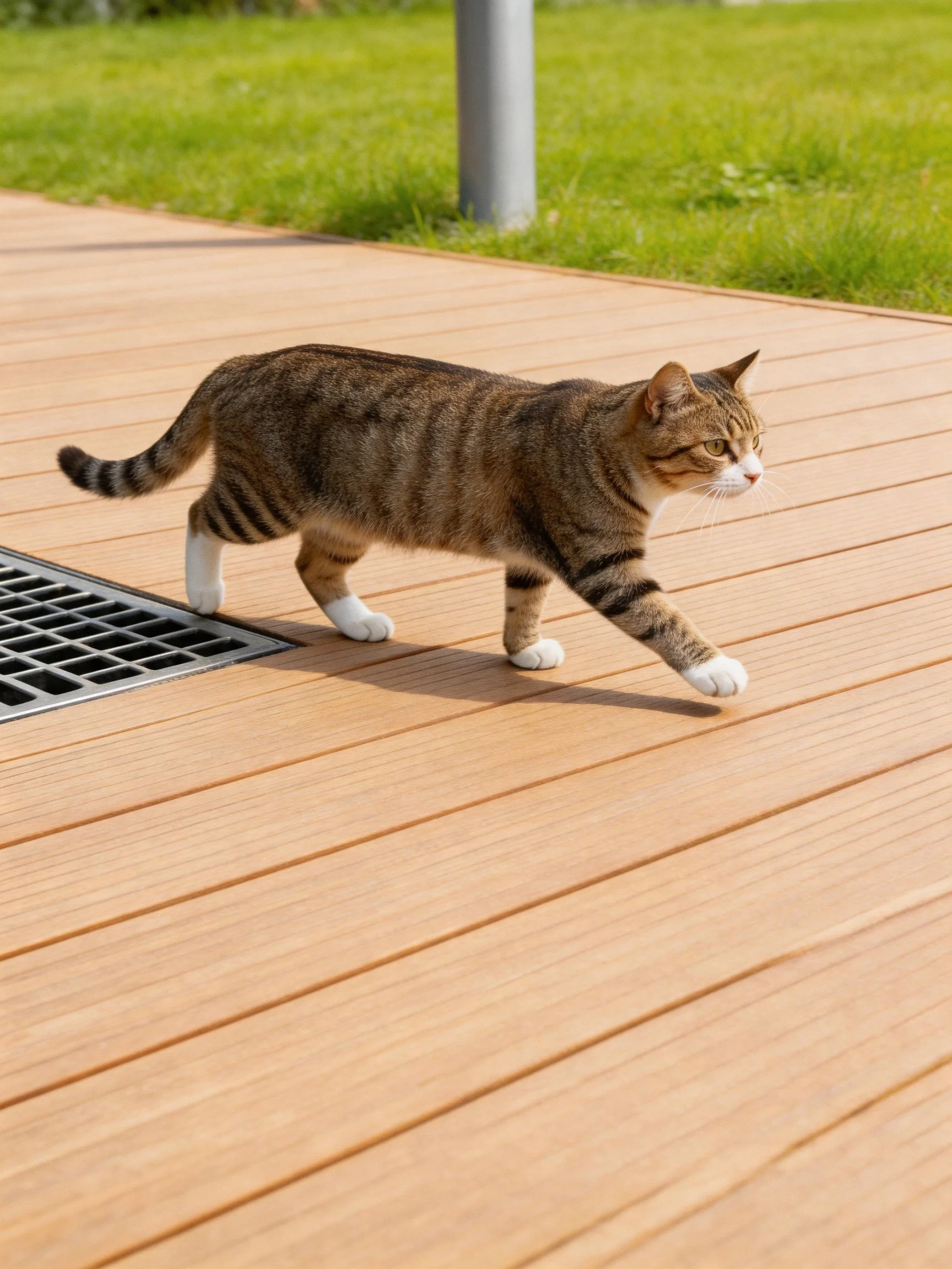 A brown tabby cat walks on a wooden deck in an outdoor environment.