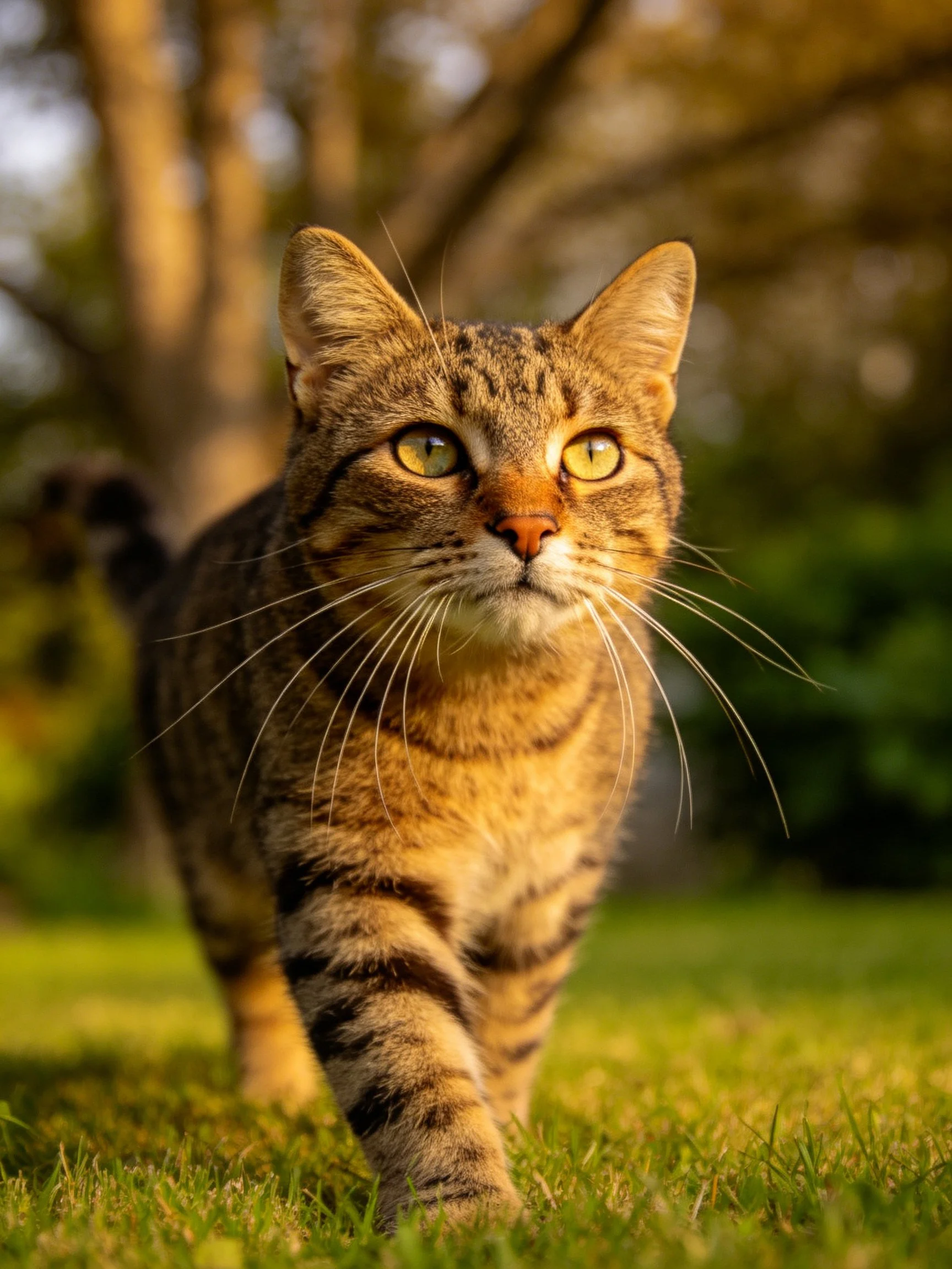 A brown tabby cat moves through grass in a sunlit outdoor space with trees.