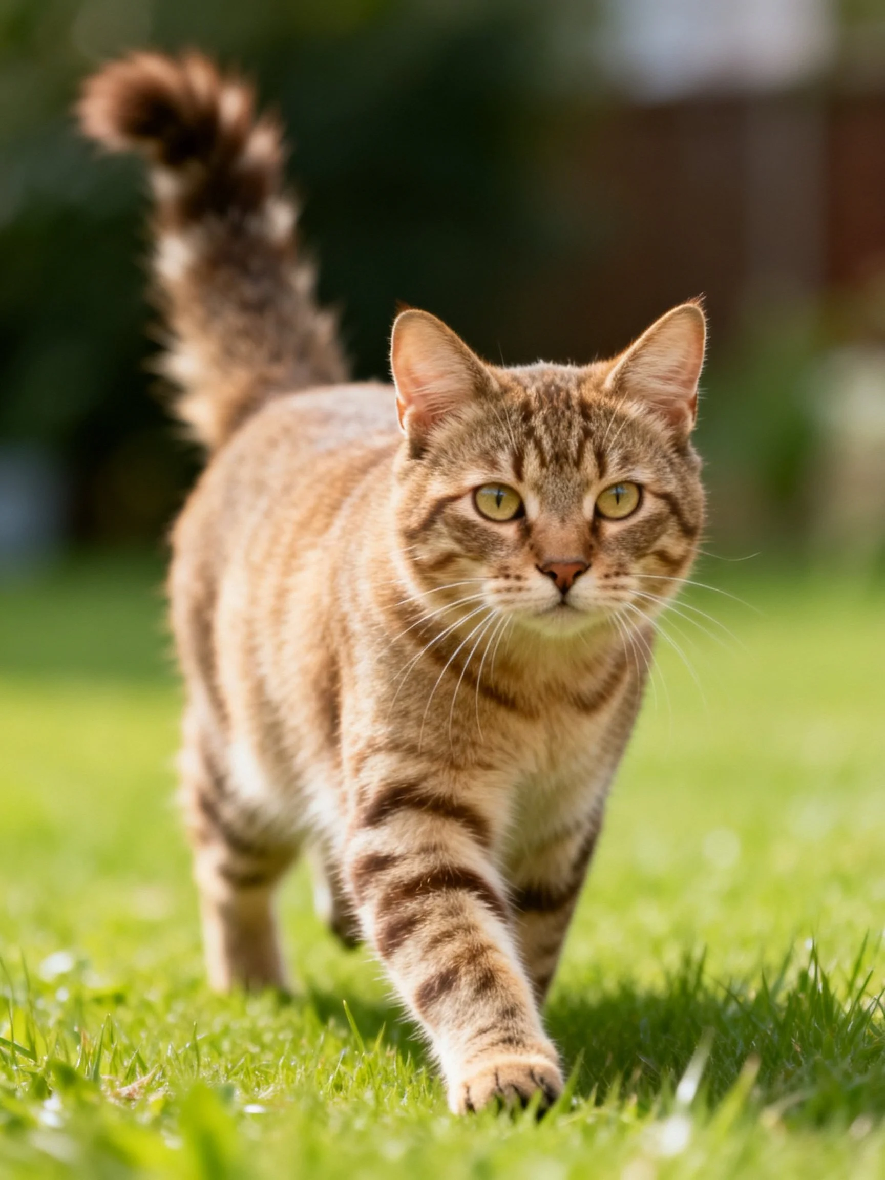 A brown tabby cat moves forward on vibrant grass.