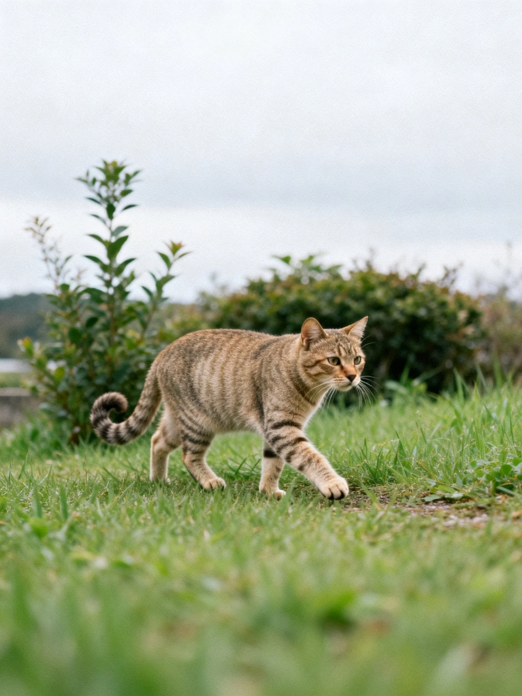 A tabby cat walks through green grass near bushes